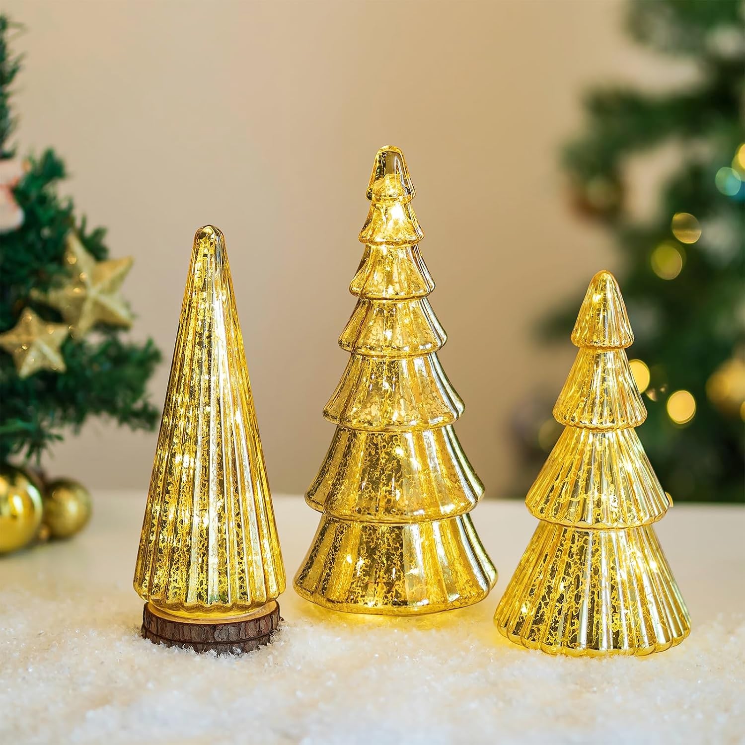 Gold Mercury Glass Hinged Christmas Ornaments Set of 3 Gold Table Top