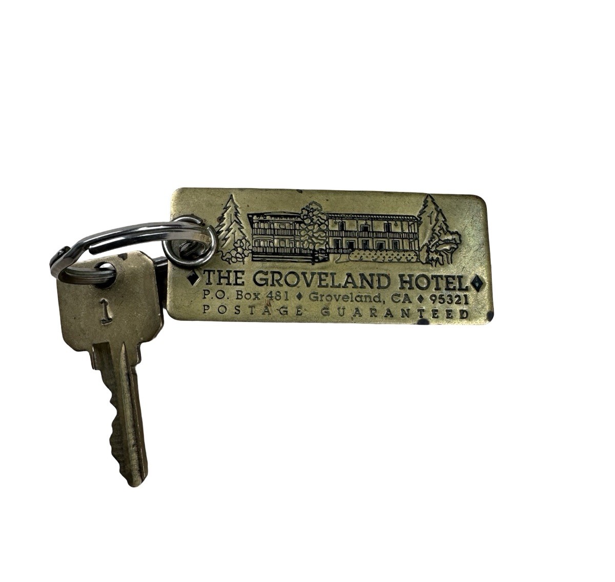 Vintage The Groveland Hotel Room Key Brass Keychain Fob Groveland CA Room 1
