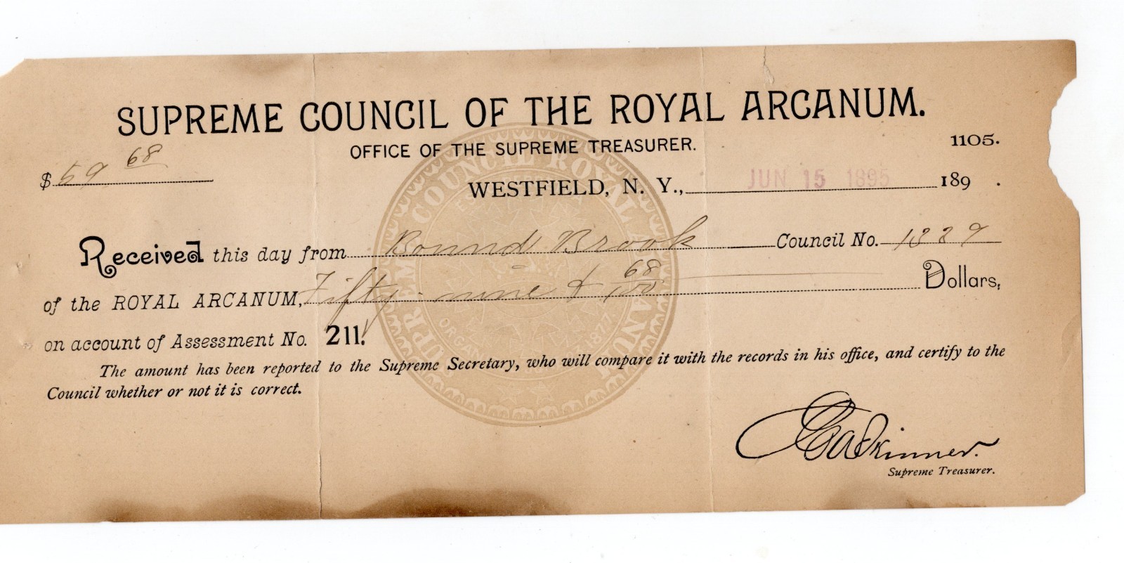 1890s - Supreme Council of the Royal Arcanum Office Supreme Treasurer Check XL2W