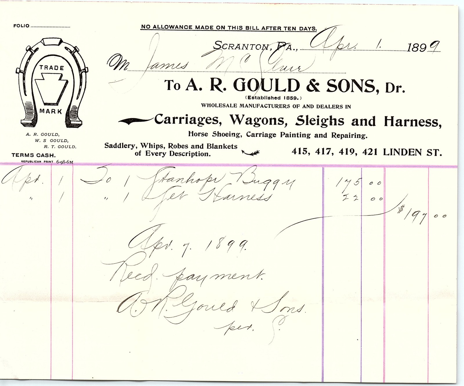 1899 A. R. Gould & Sons Scranton PA Carriage & Harness Billh