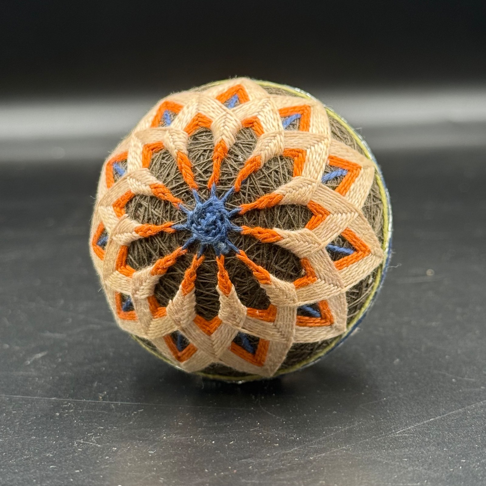 Vintage Japanese Temari Ball Peach Orange Blue Folk Art
