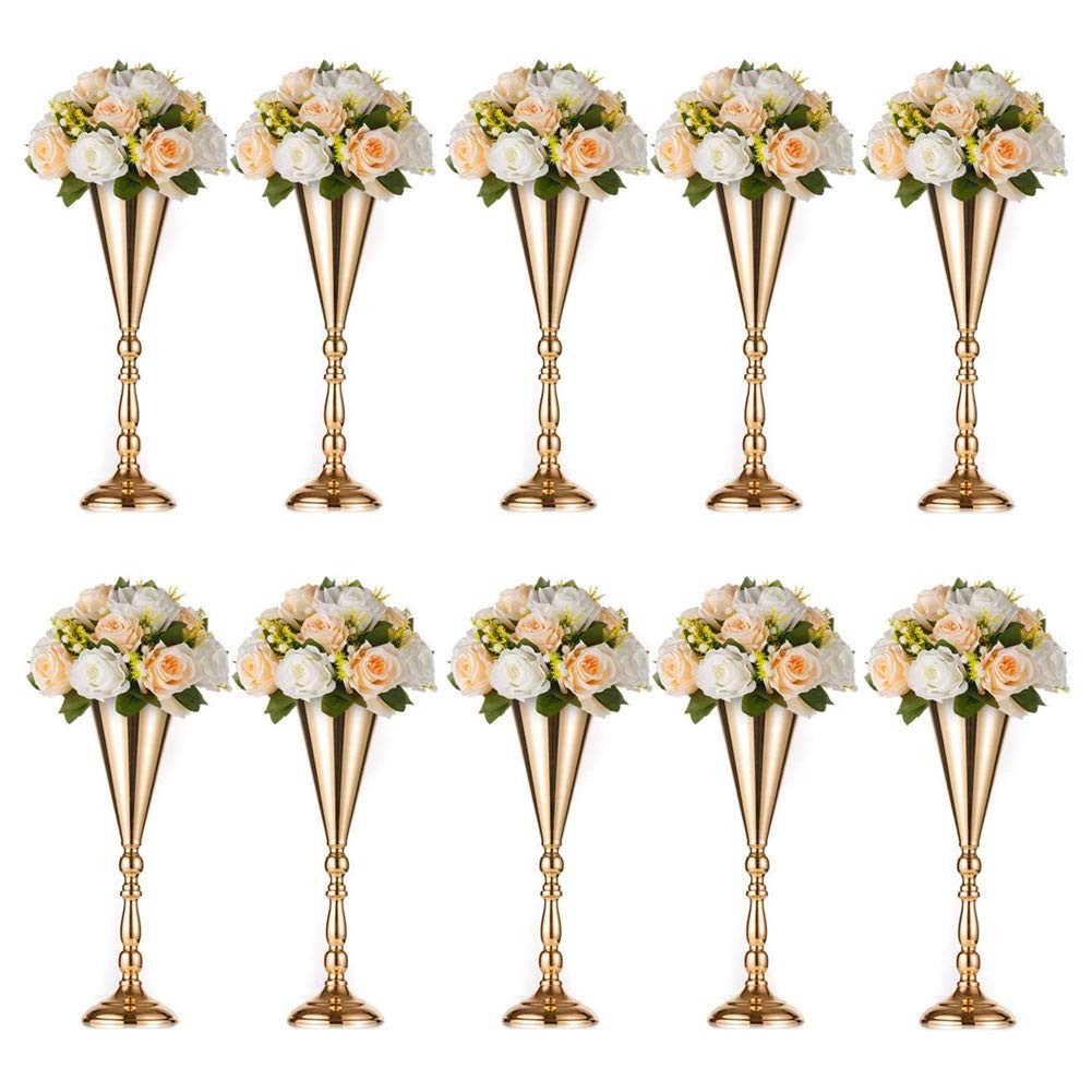 Sziqiqi Gold Trumpet Flower Centerpiece Riser Stand 10Pcs 16.5in
