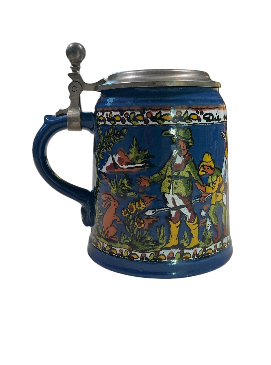 Antique Marzi & Remy Rein Zinn Lid Cobalt Blue Vintage 4 Seasons Solstices Stein