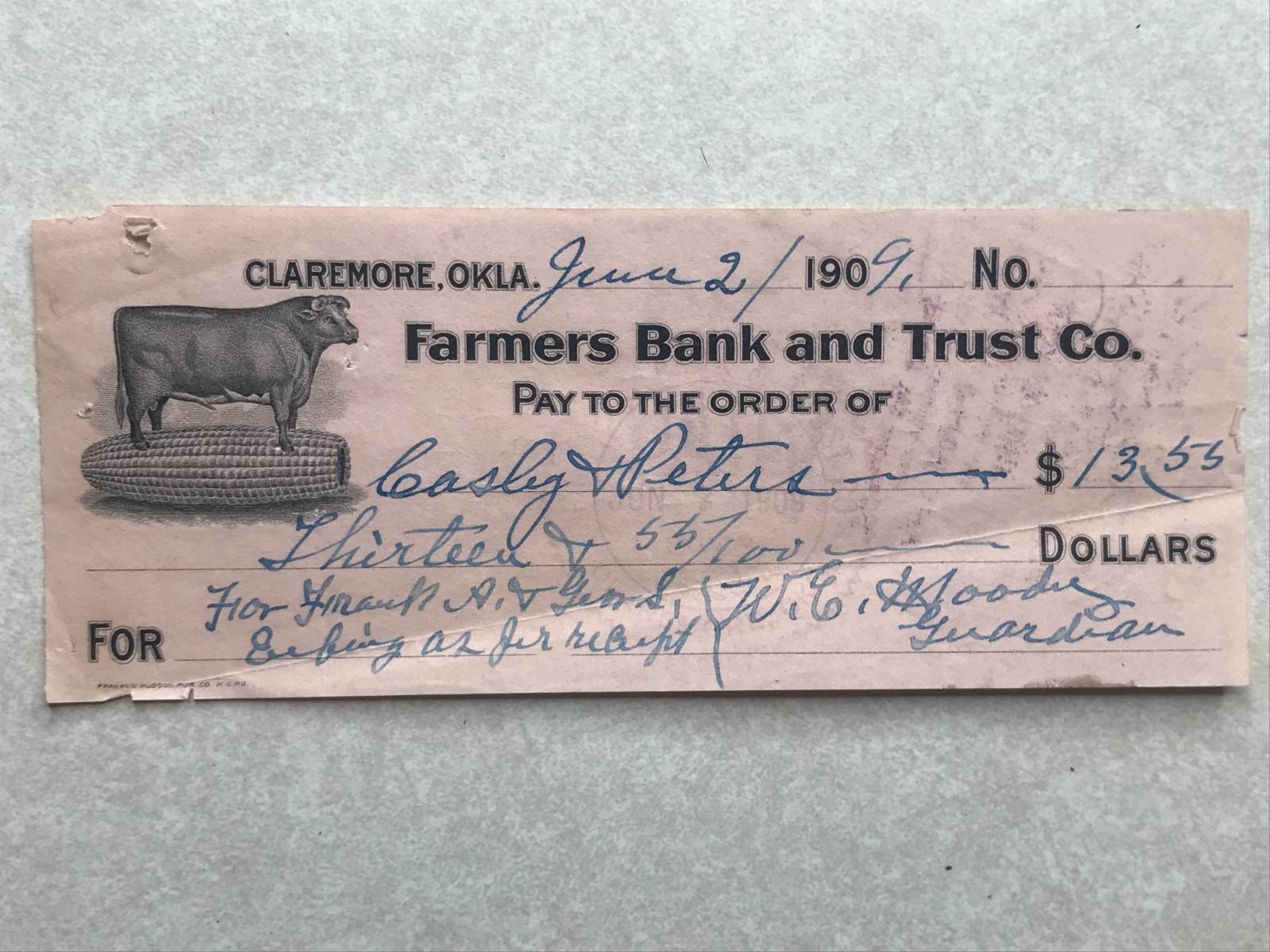 EN3482 Farmers Bank and Trust Co., Claremore OK Oklahoma 1909 Cashed Check
