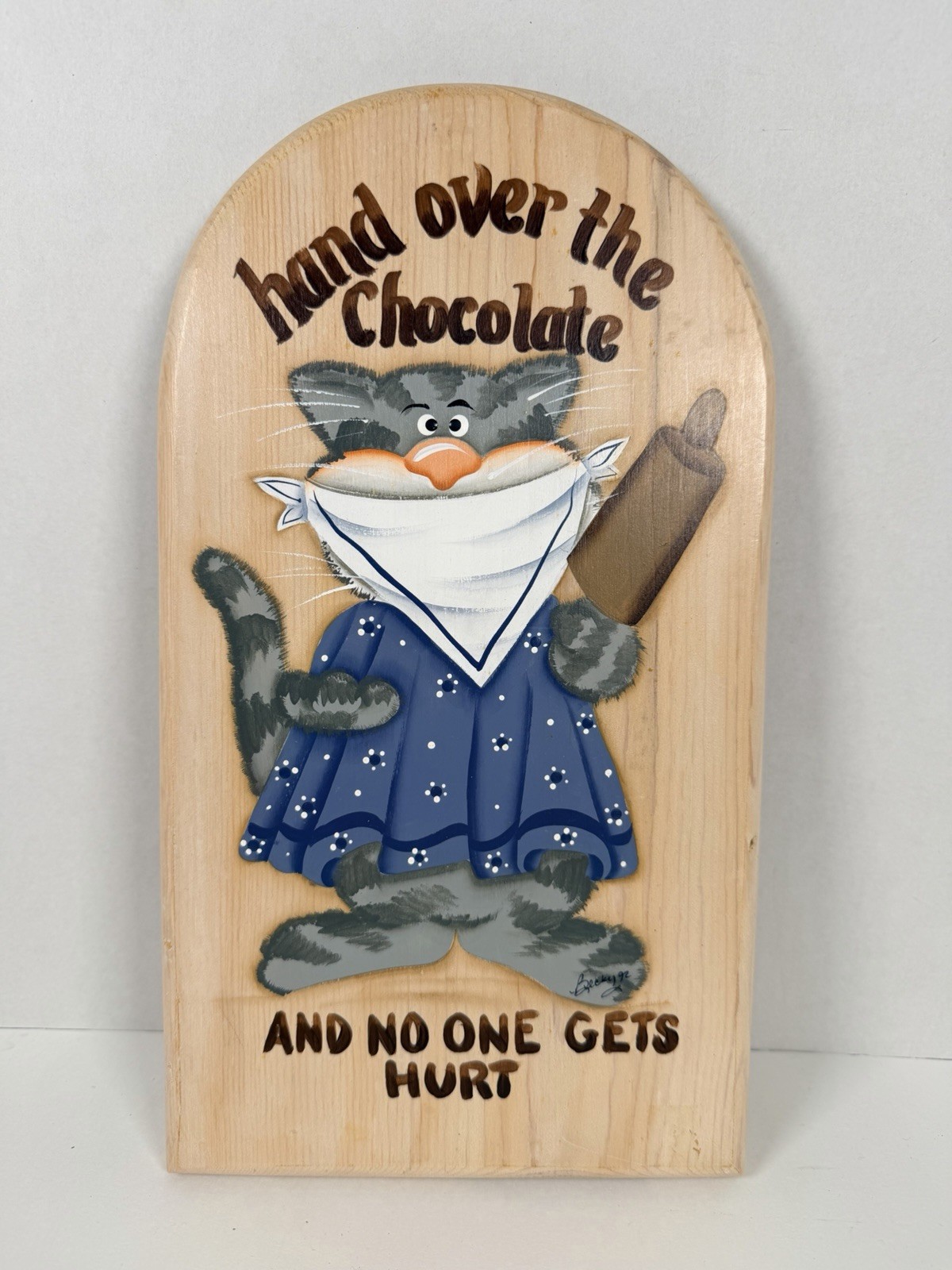 VTG Folk Art Wooden Cat Wall Plaque Hand Painted Funny 13\