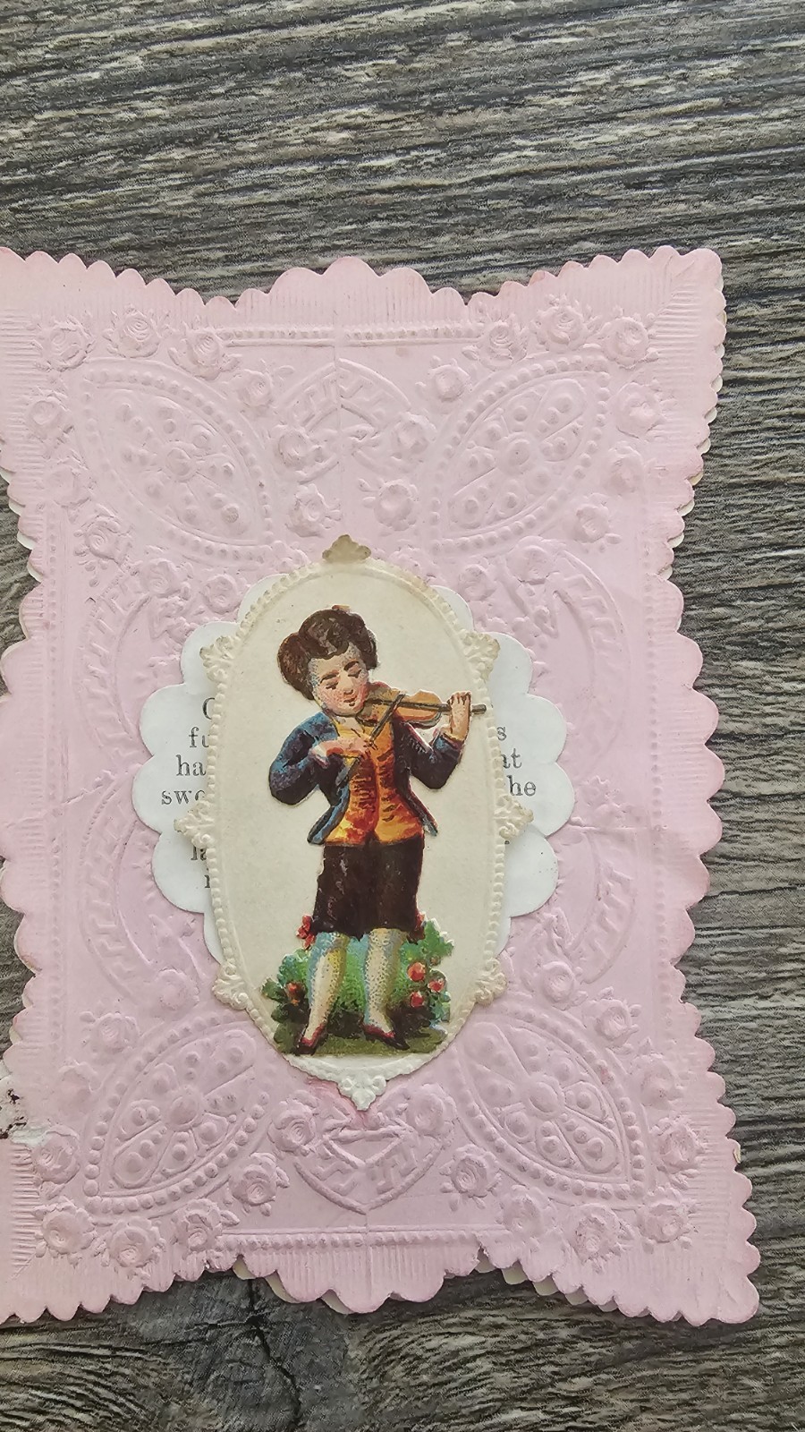 Victorian Mechanical Valentine Birthday Card c.1890 Pink Paper Lace Violinist