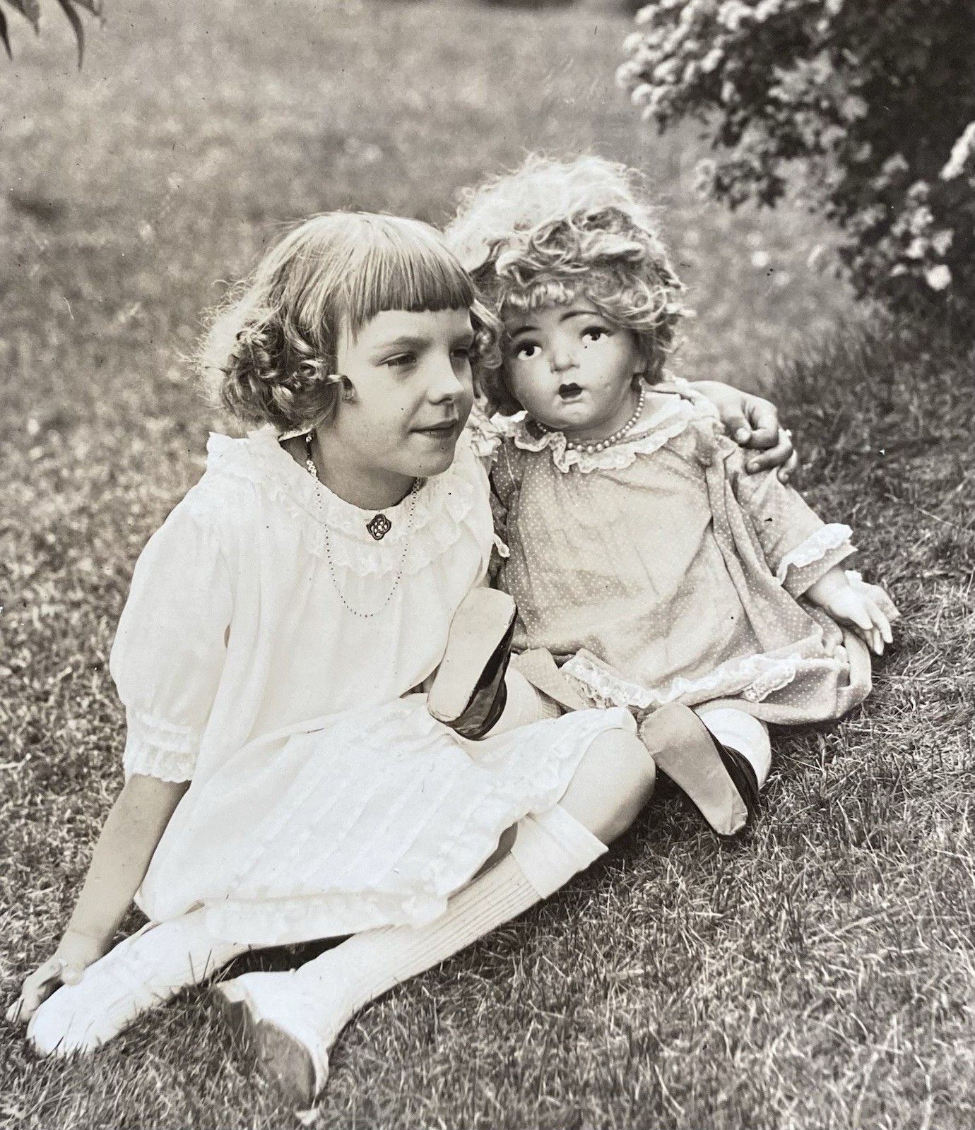 Girl & Large Vintage Doll Short Curly Hair Original Snapshot Vintage Photo