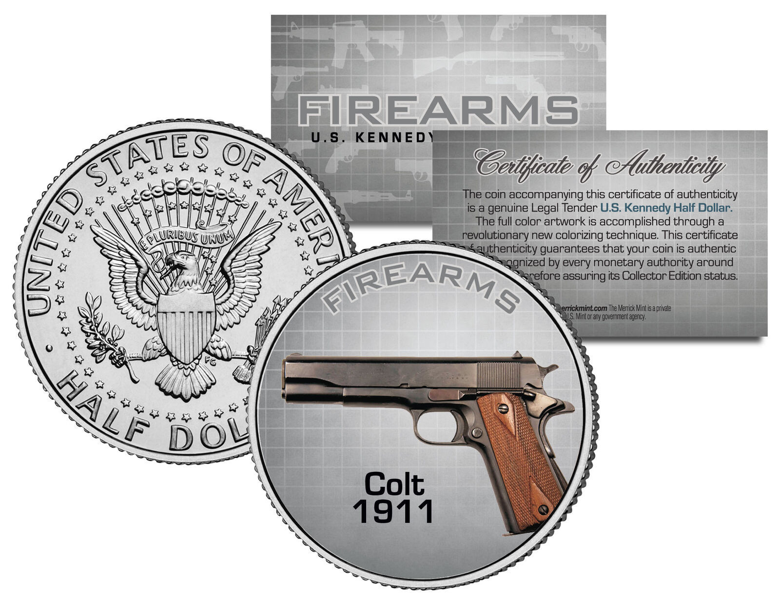 COLT 1911 Gun Firearm JFK Kennedy Half Dollar US Colorized Coin