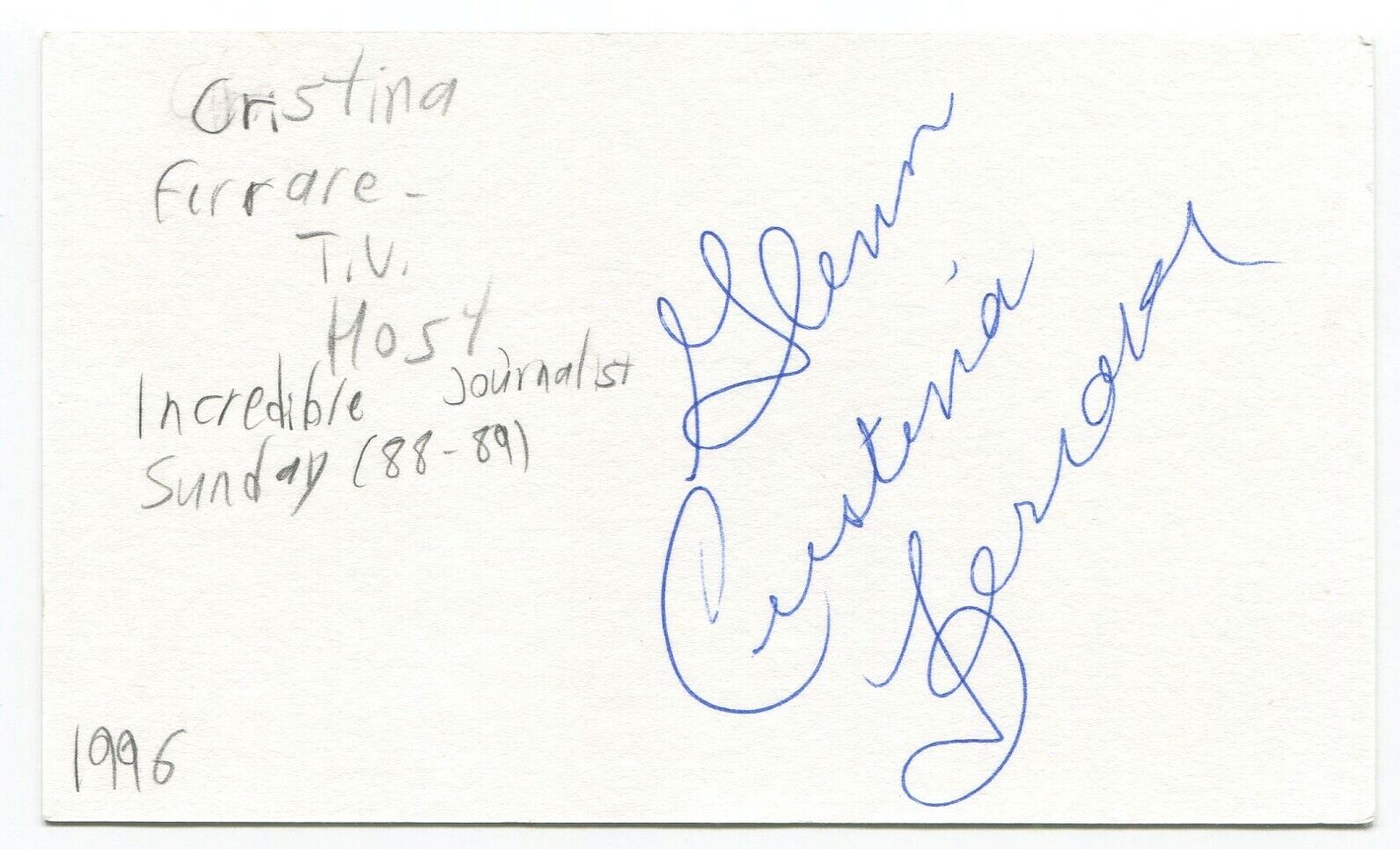 Cristina Ferrare Signed 3x5 Index Card Autographed Signature Model Host