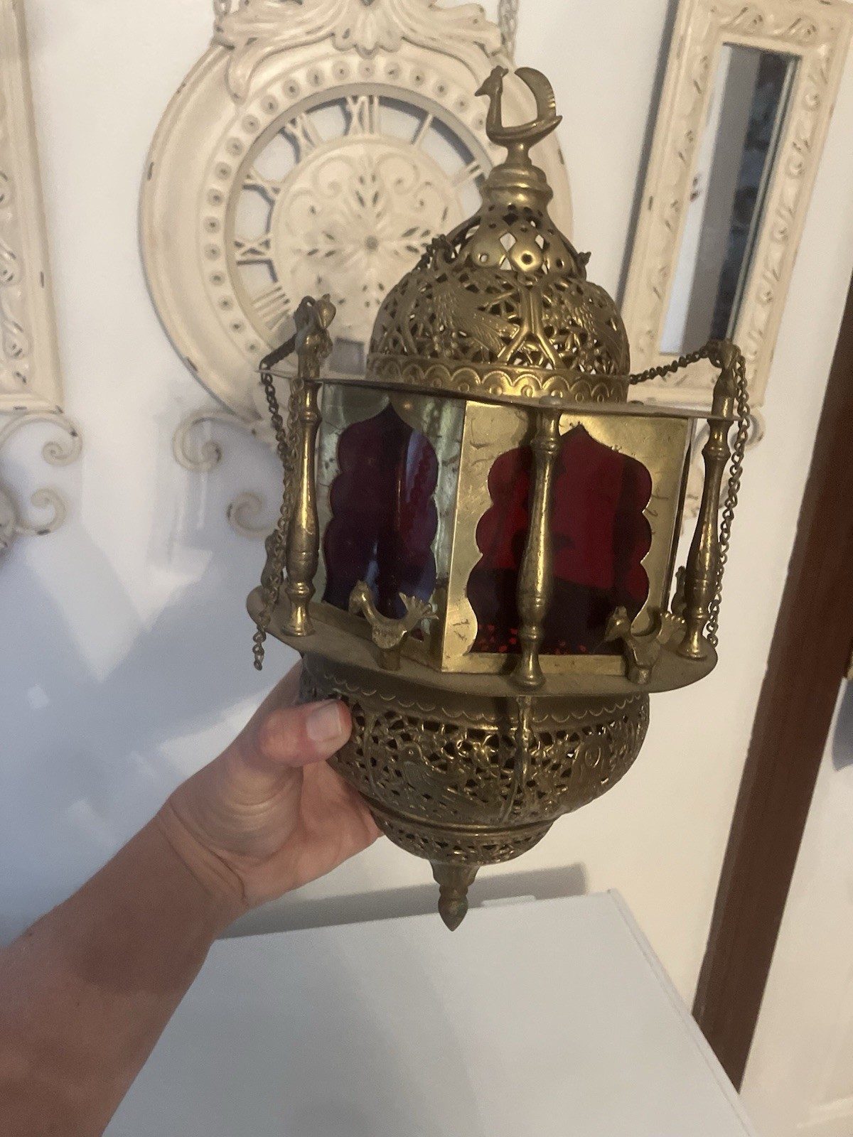 Antique Moroccan Pierced Brass Lantern Hanging Candle Lamp Middle Eastern