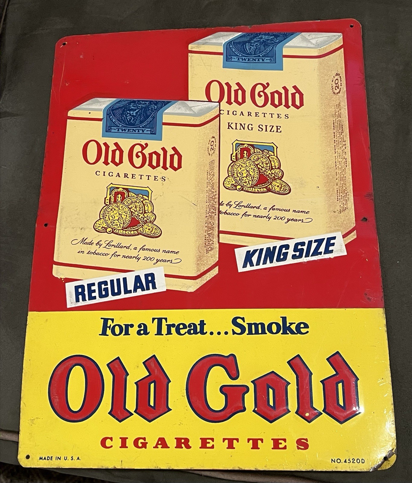 Vtg 1950s Old Gold Cigarettes Tin  Sign Embossed Regular King Size 4520D