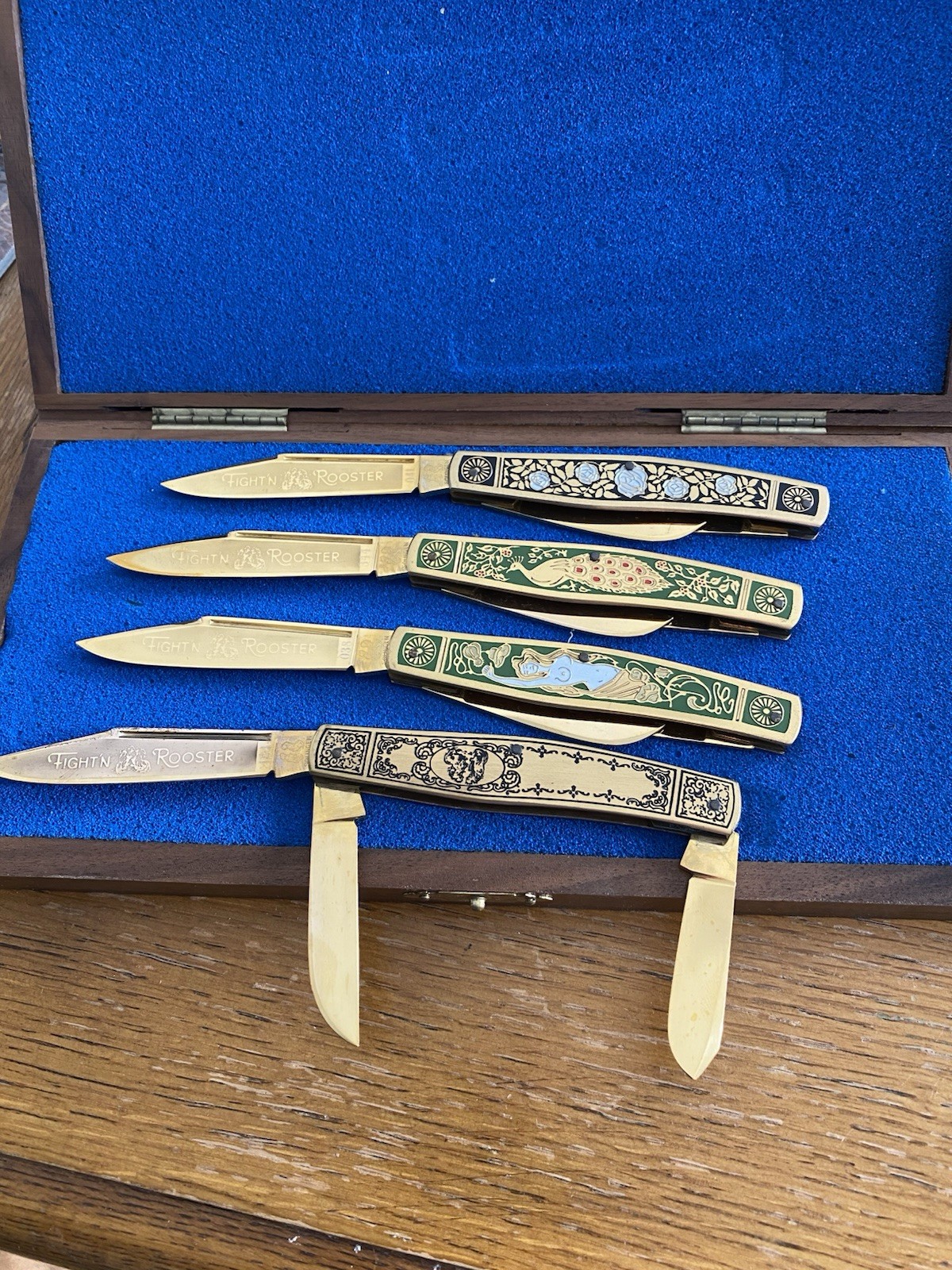 Fight’n Rooster Gold Plated & Enamel 3- Blade Premium Stockman Pocket Knifes-4p