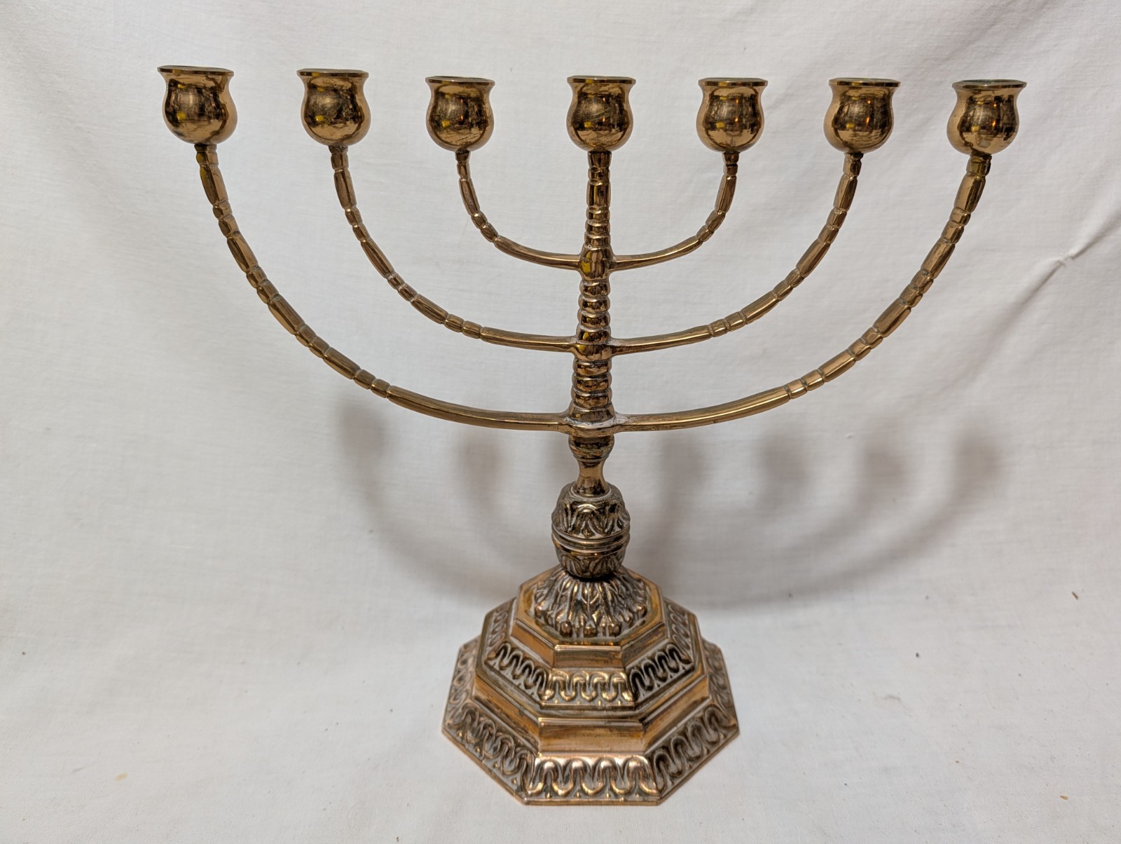 Antique Swedish Brass 7 Branch Menorah with Octagonal Base 1950s-1960s Vintage