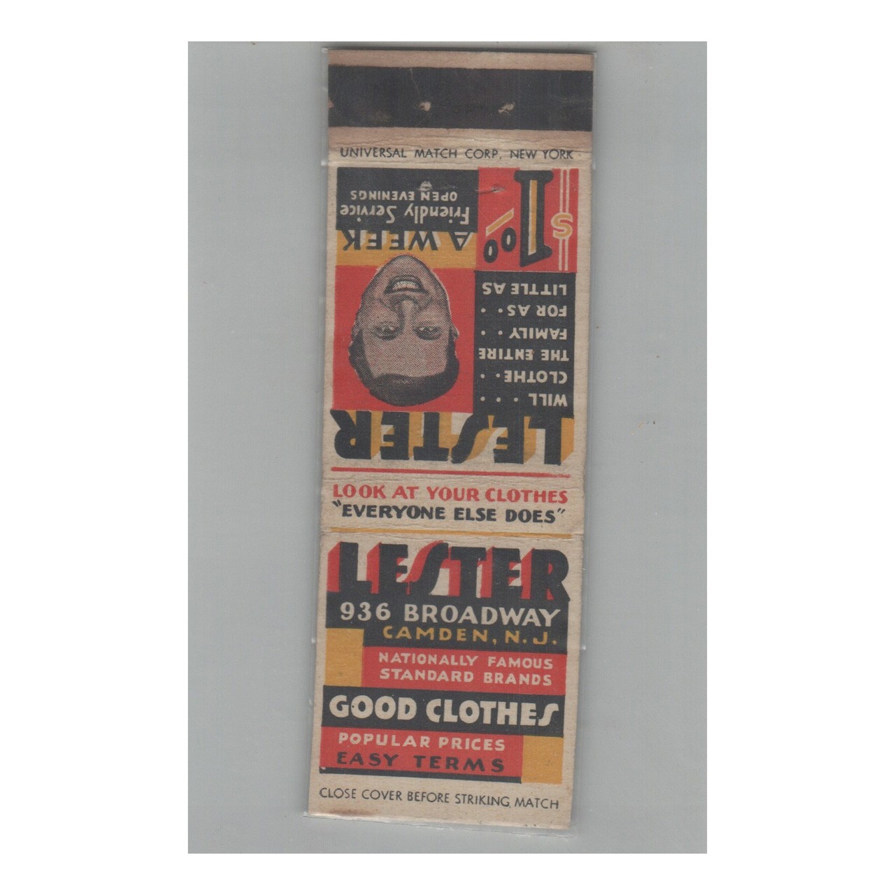 1920s-1930s Universal Match Matchbook Cover Lester Clothes On Broadway Camden NJ
