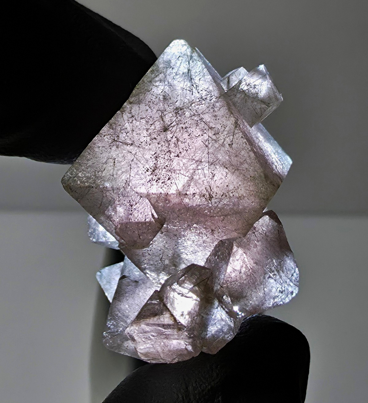 Pink Fluorite Octahedral Chain with Included Byssolite, Inner Mongolia, China