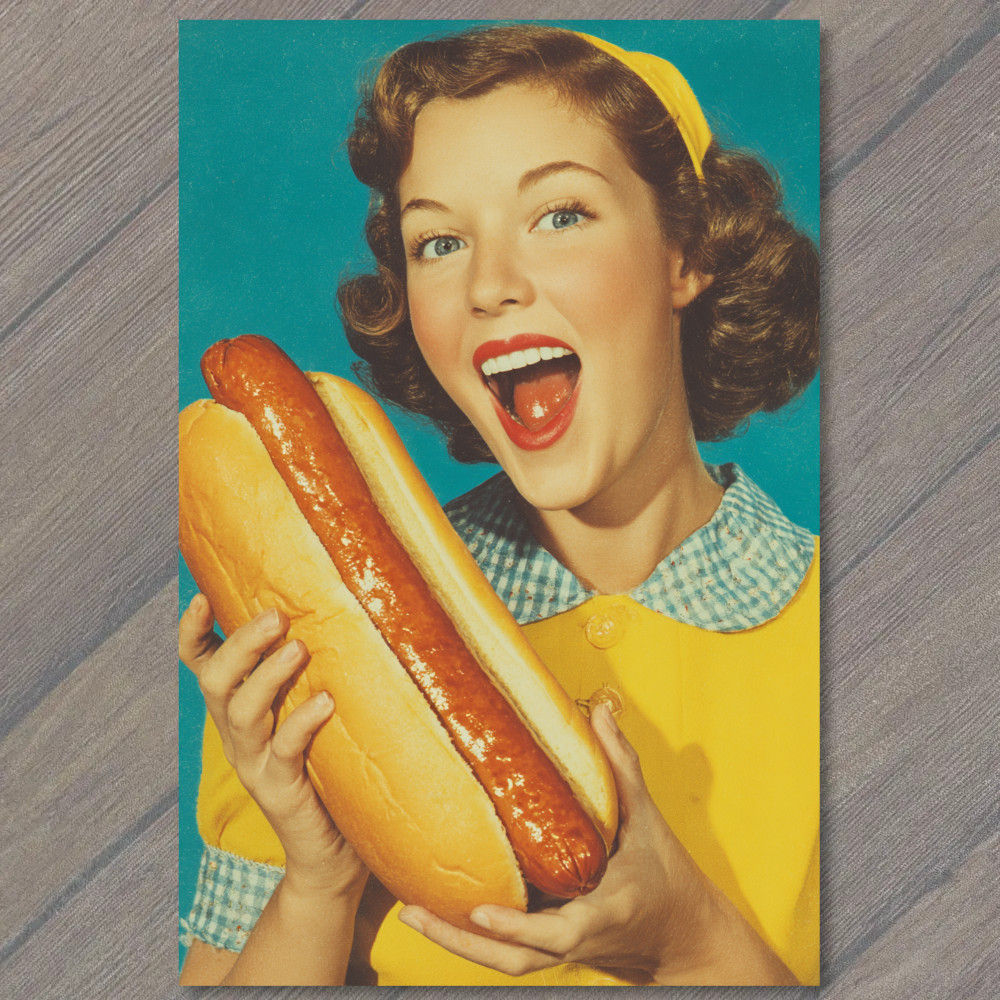 POSTCARD Retro Pinup Woman Giant Hot Dog Midcentury Advertising Style Poster