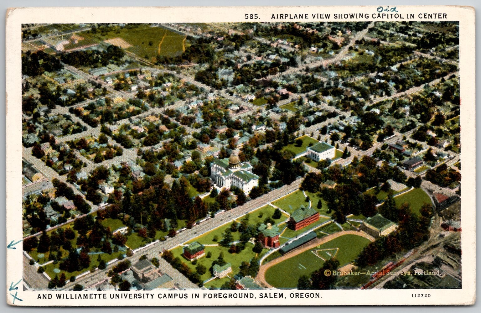 1944 Salem Oregon Capitol Willamette University Aerial View Postcard