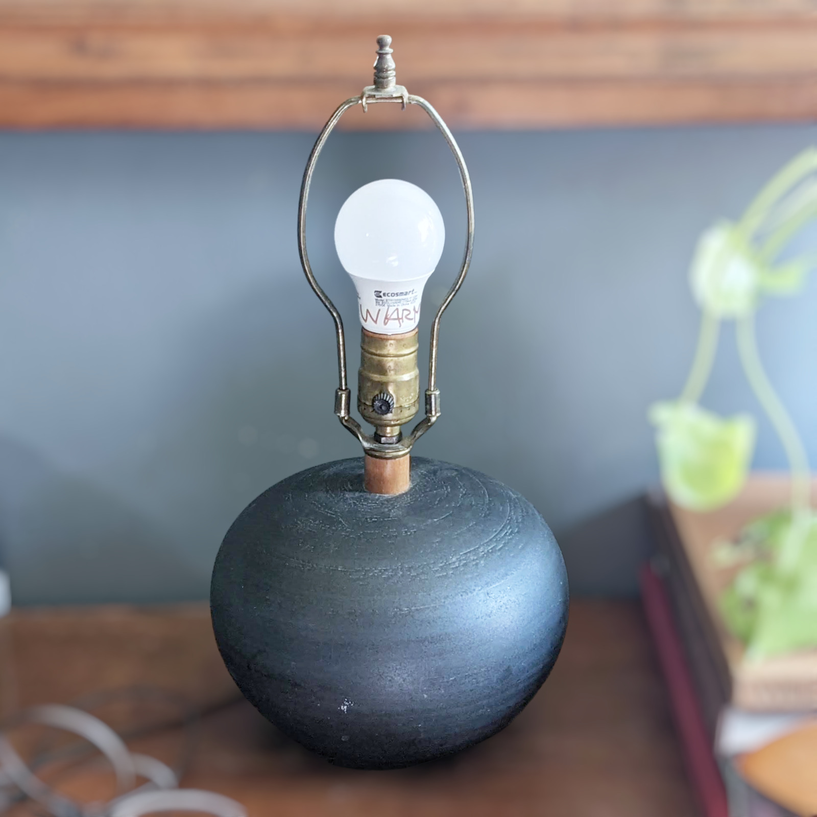 Ceramic BALL ROUND table Lamp Teak Neck BLACK MCM Modern