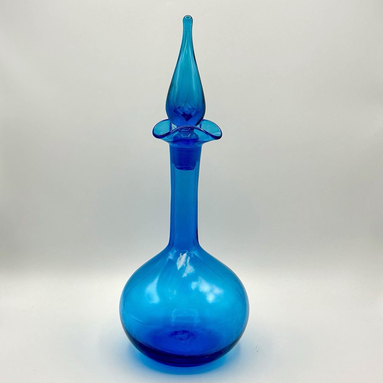 Vntg Blenko Genie Blue Glass Fluted Hand Blown Decanter Flame Stopper #37 1963