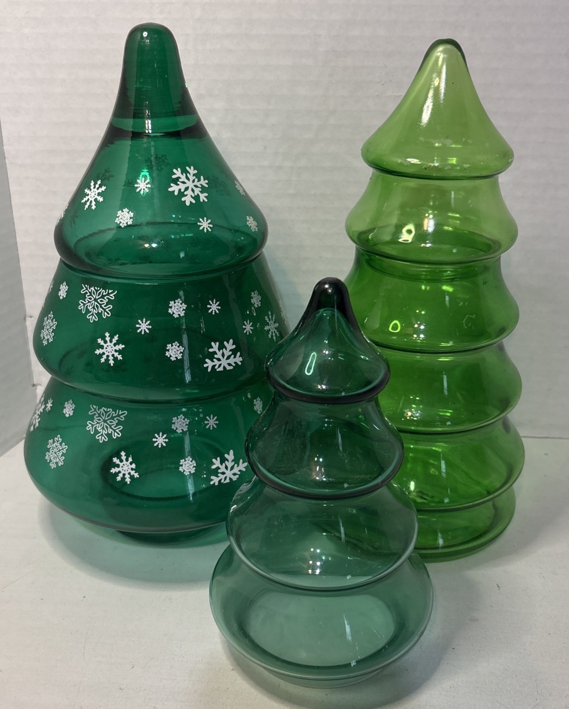 Vintage Green Glass Christmas Tree Holiday Candy Jars Lot of 3 