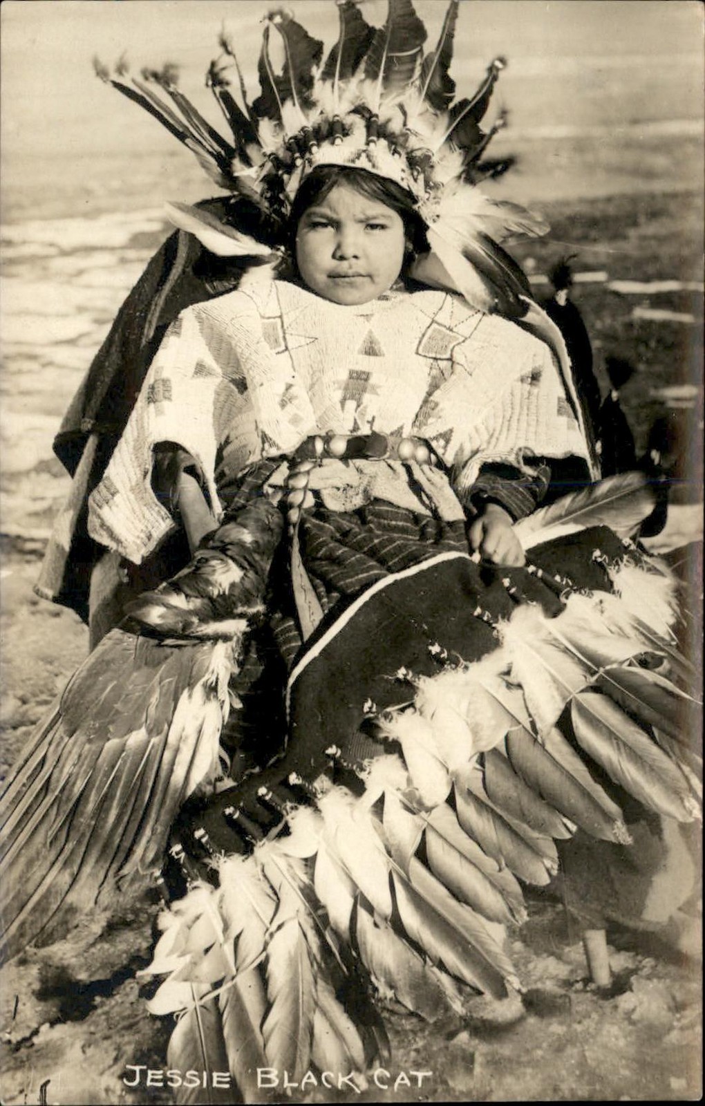 Native Indian girl JESSIE BLACK CAT feather regalia c1910 RPPC Postcard bhn