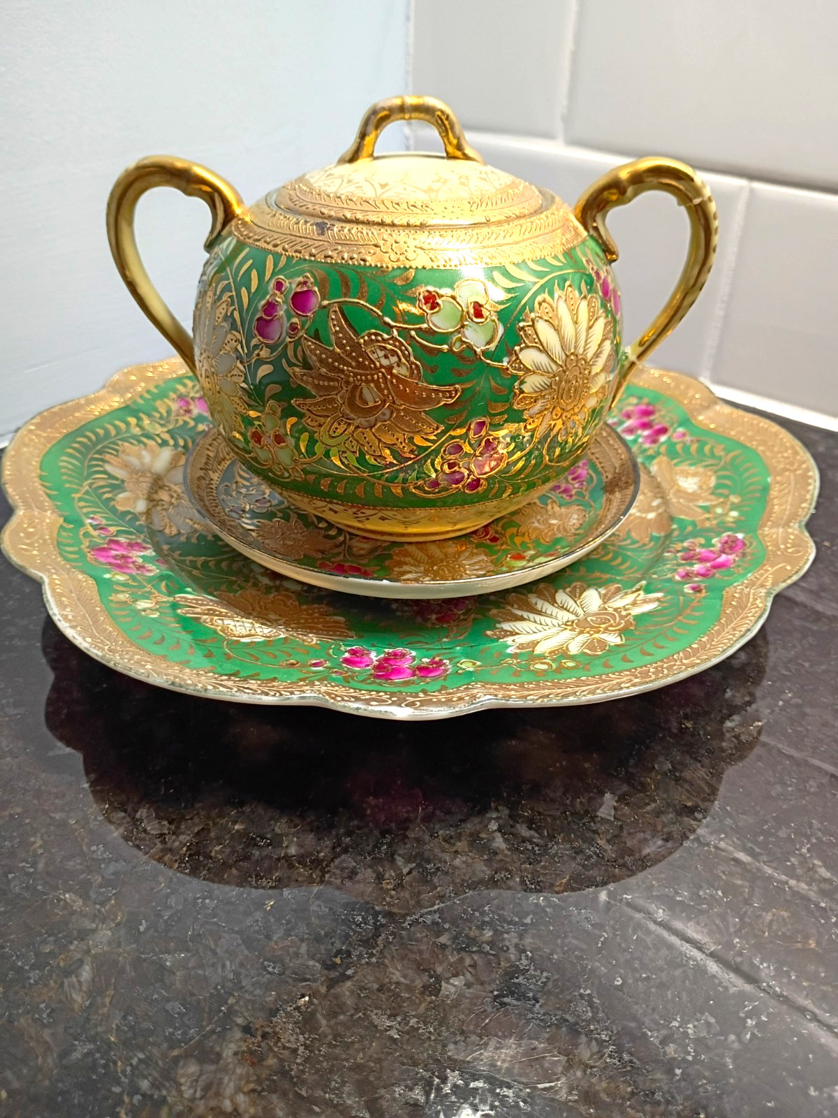 Vintage Japanese Satsuma Nippon Style Three-piece Porcelain Set Green Gold Guilt