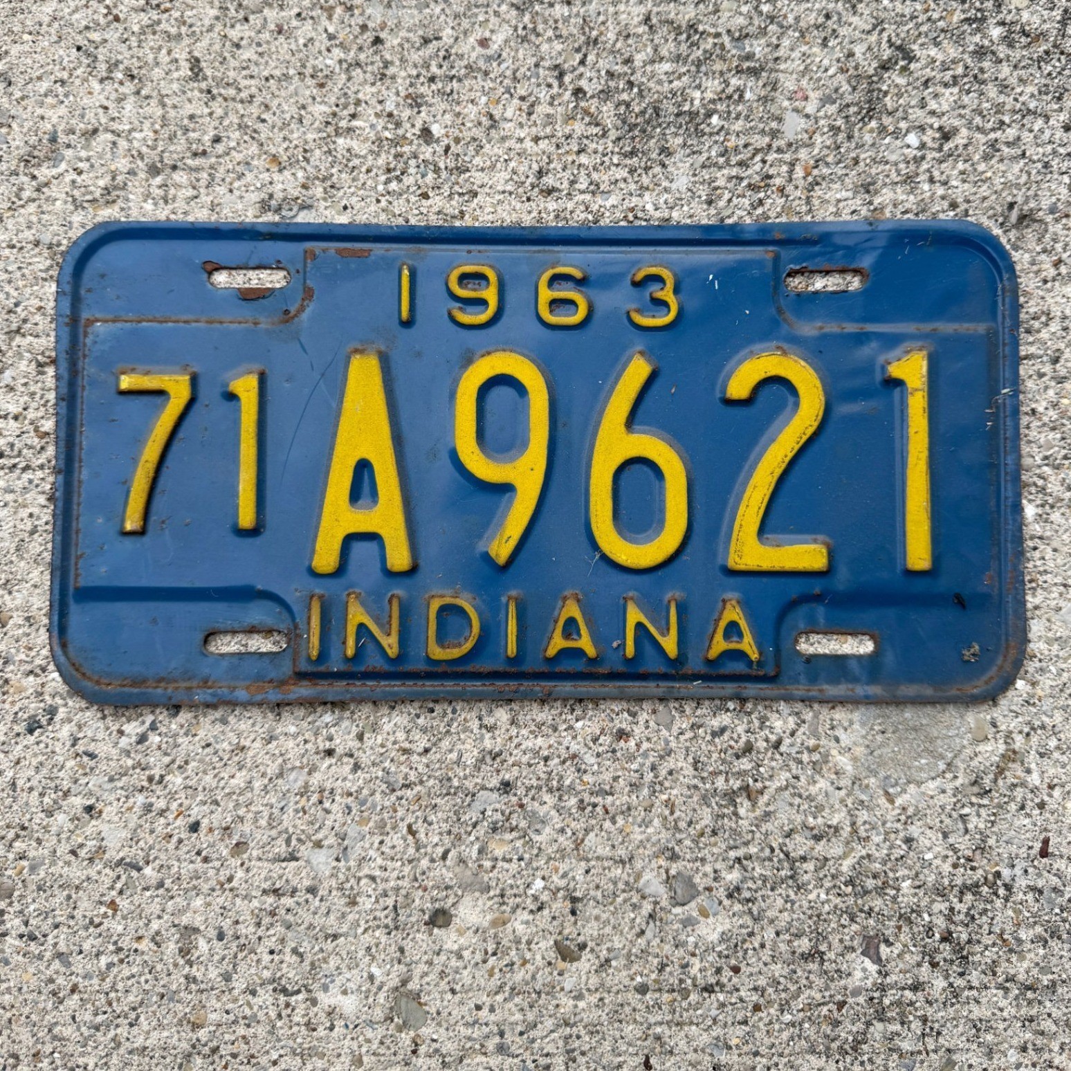 Vintage 1963 Indiana License Plate Blue Yellow 71A9621 Hoosier State Collectible