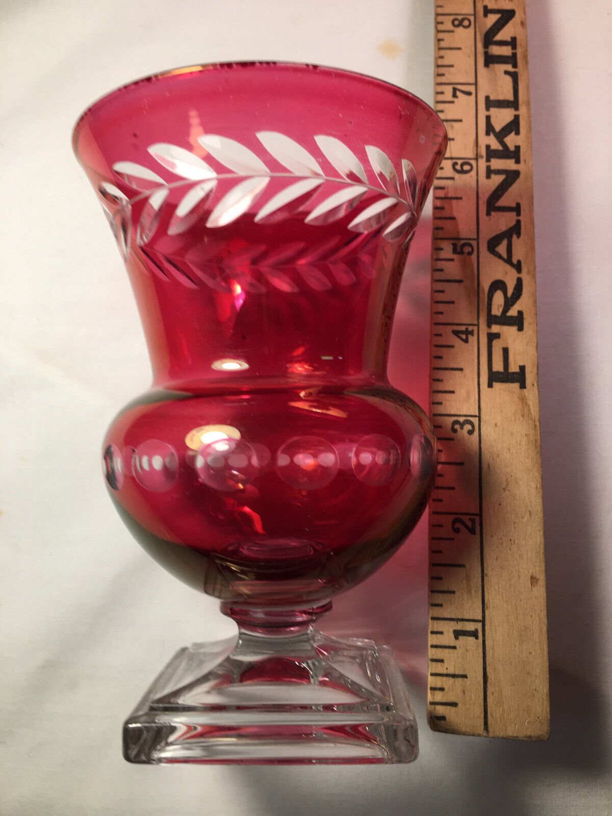 Vase Vtg Ruby Red Cut To Clear  Etched Vine 5.5” Heavy