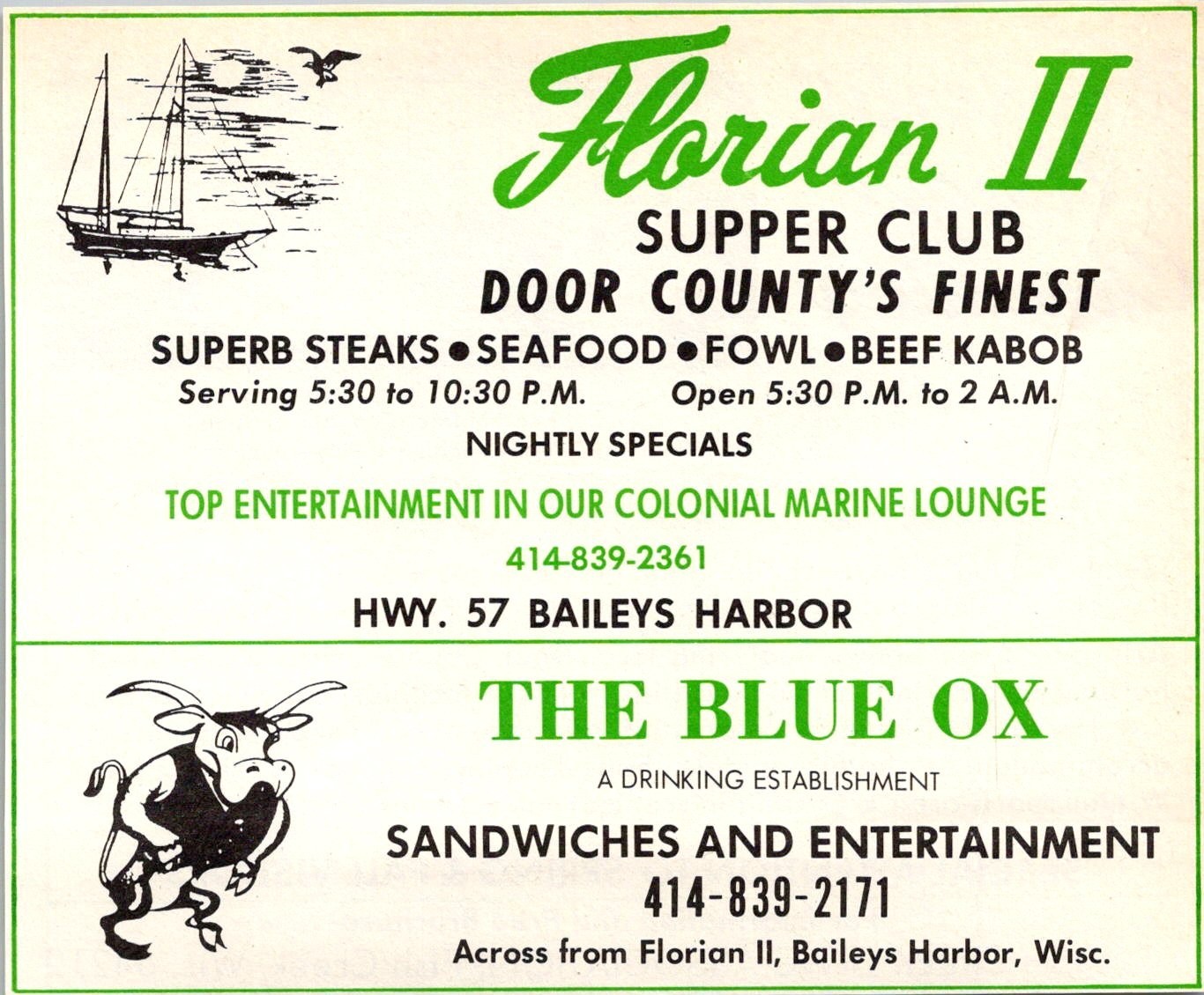 Florian II Supper Club Door County The Blue Ox Baileys Harbor WI 1979 Ad 4AF2-H3
