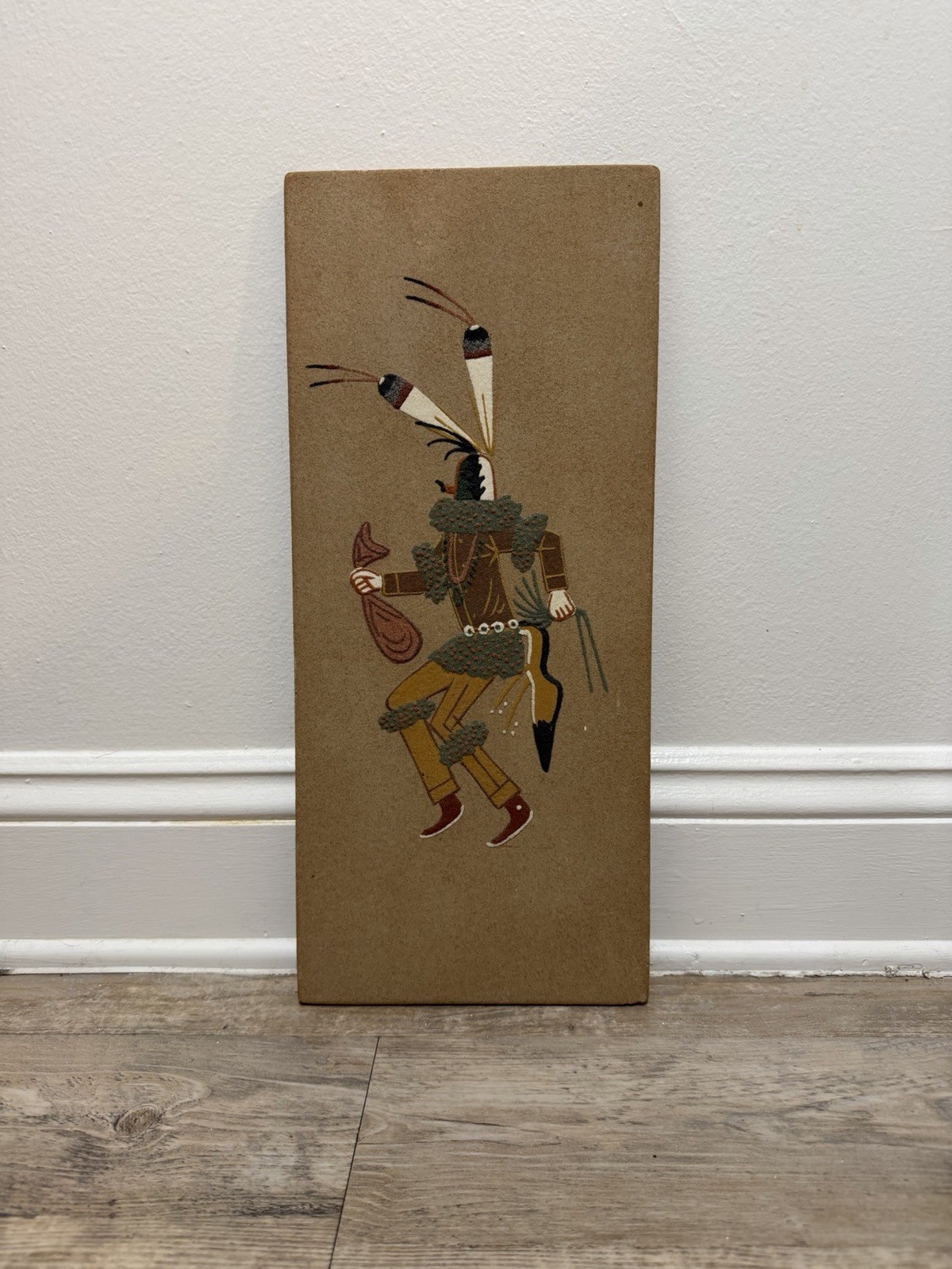 Vintage Native American Style Ceremonial Dancer Folk Art Wall Hanging on Board