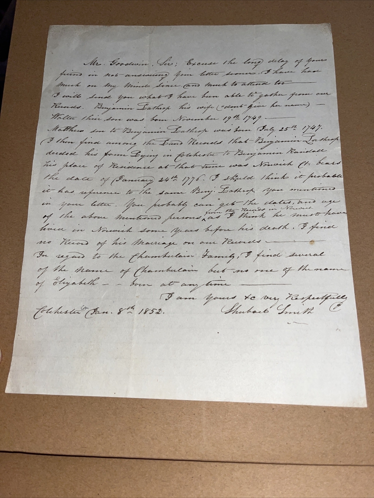 1852 Colchester Letter to Hartford CT Genealogist: - Lathrop Randall Chamberlain