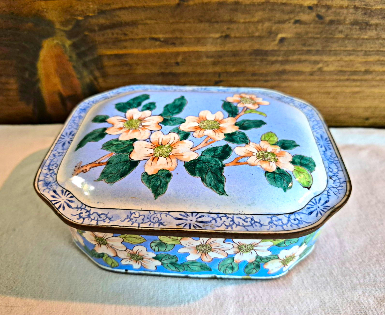 Vintage Enamel & Brass Trinket Box Painted Floral Dogwood Vintage Enamel & Brass Trinket Box Painted Floral Dogwood
