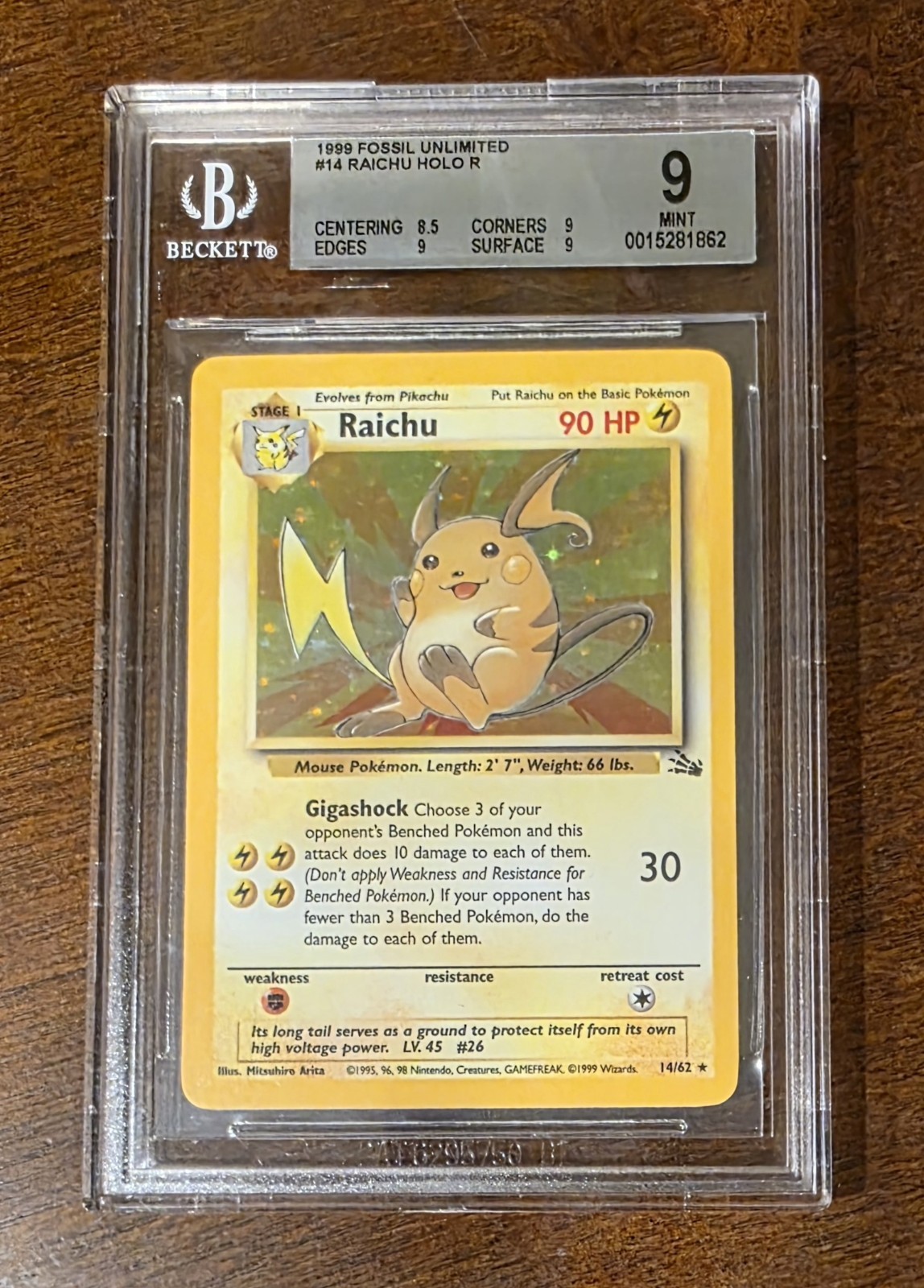 1999 Pokémon Raichu 14/62 Fossil Unlimited Holo BGS 9 Mint 1999 Pokémon Raichu 14/62 Fossil Unlimited Holo BGS 9 Mint