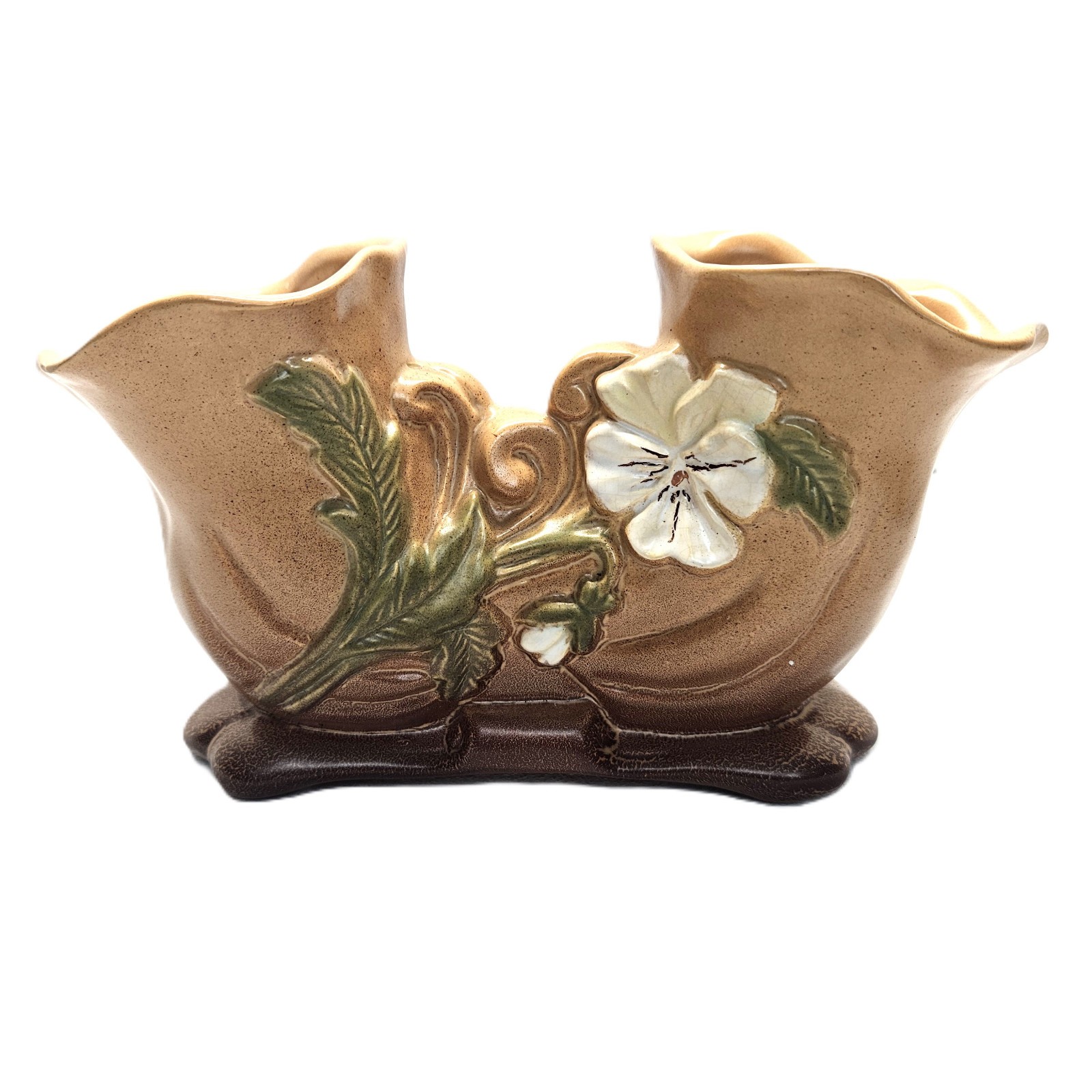 Weller Pottery Double Cornucopia Vase Brown Matte Glaze Art Deco  Vintage 1940\'S