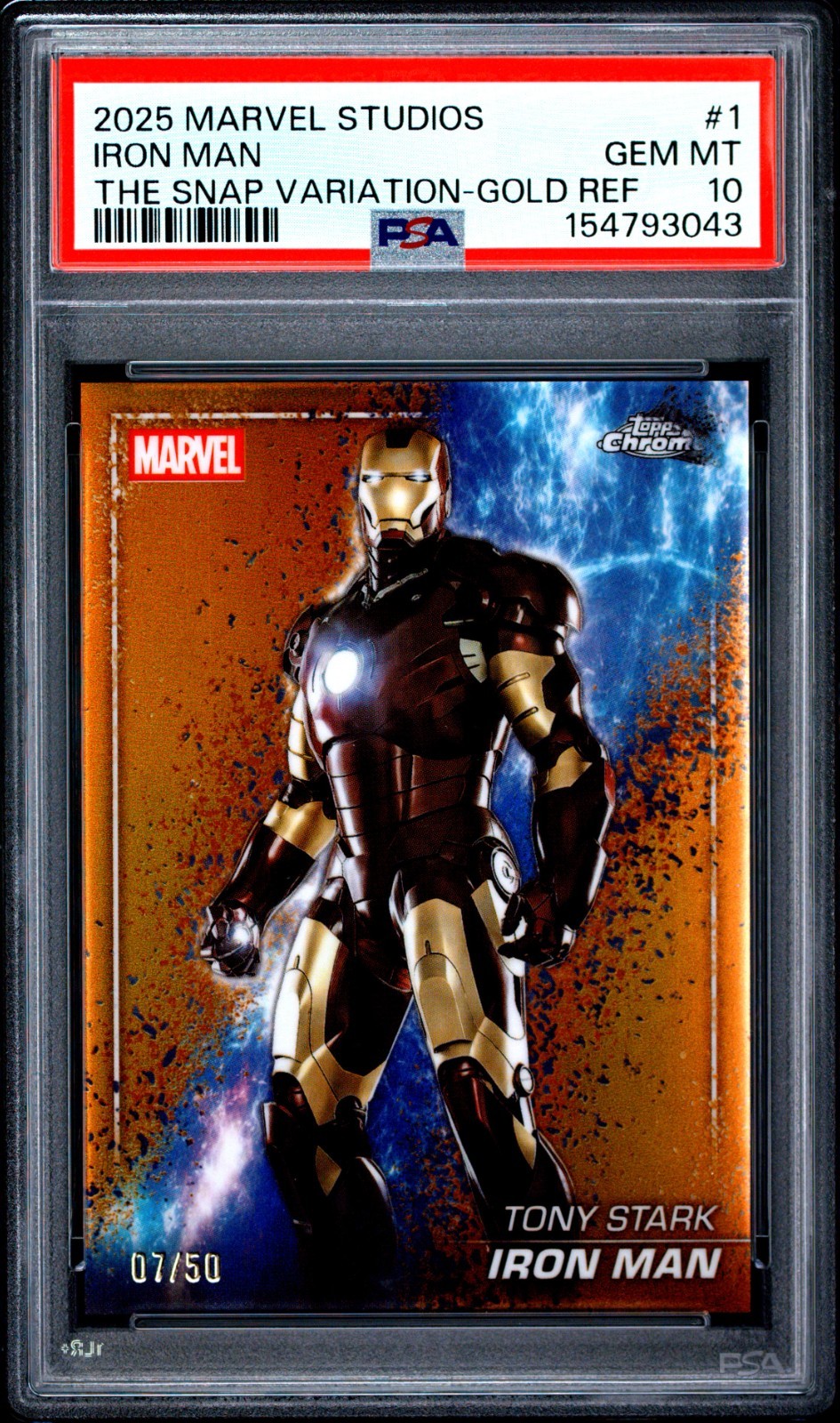 2025 Topps Chrome Marvel Studios #1 Iron Man Gold Refractor /50 PSA 10 2025 Topps Chrome Marvel Studios #1 Iron Man Gold Refractor /50 PSA 10