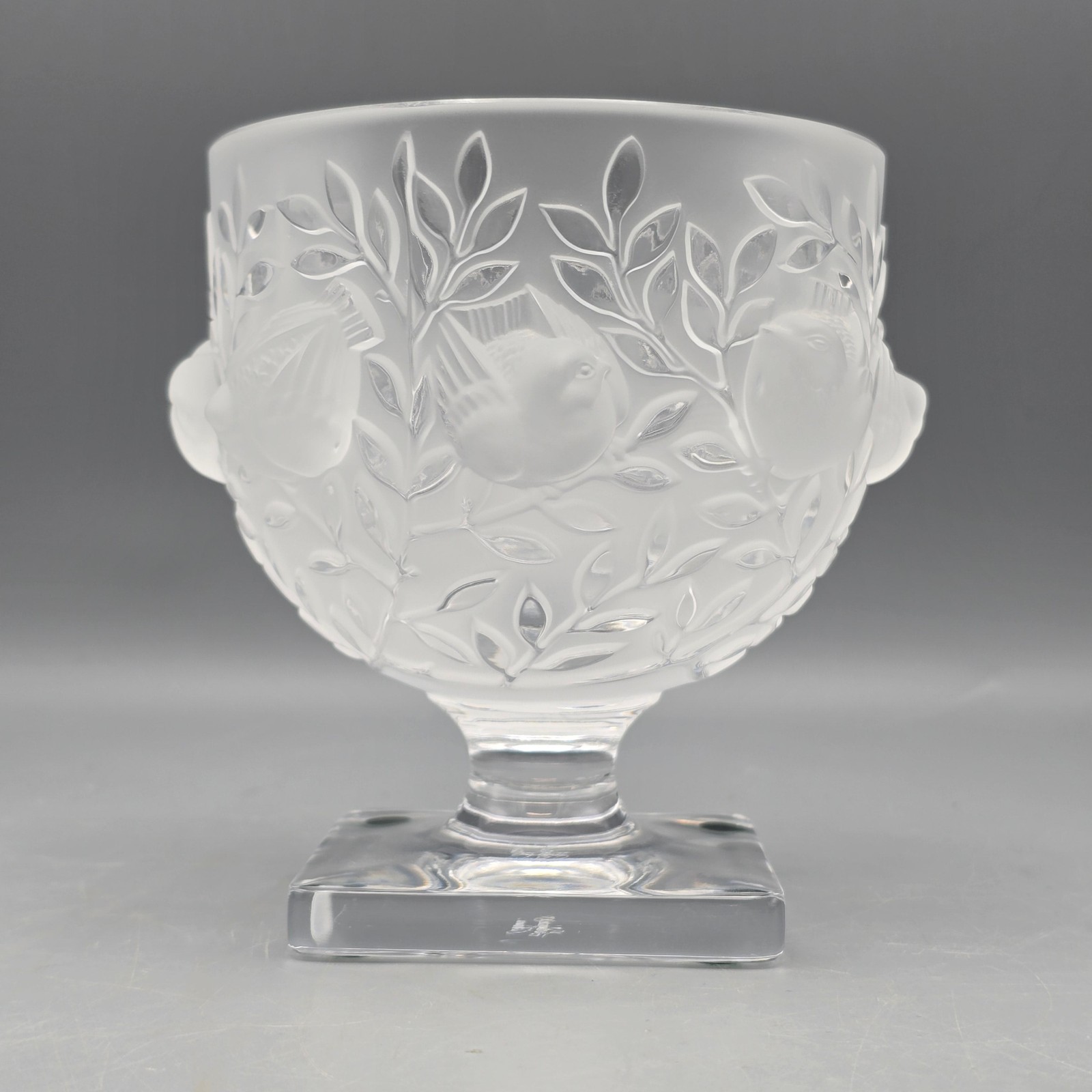 Lalique France “Elisabeth” Frosted Crystal Art Glass Pedestal Vase Birds Foliage