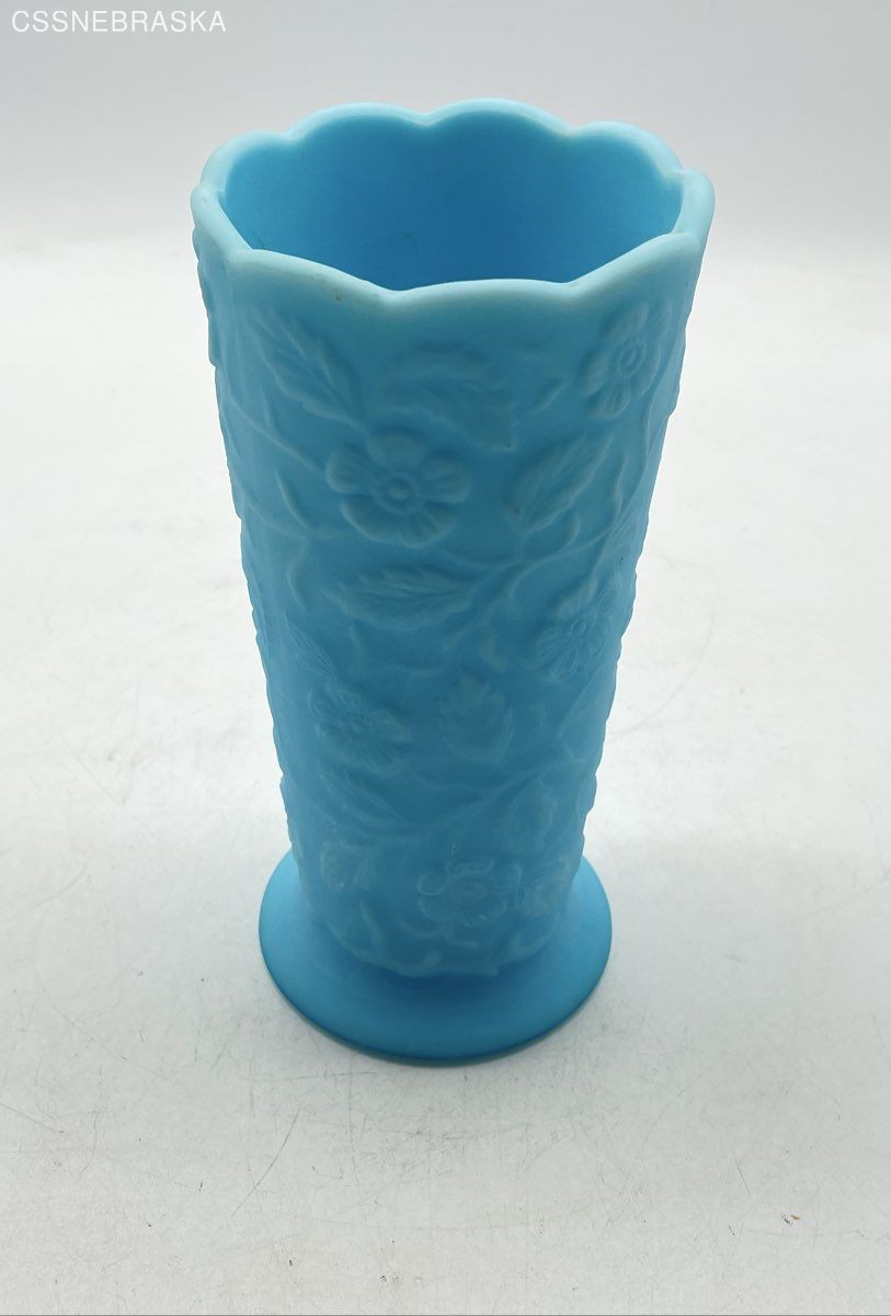 Fenton Peacock Garden Vase - Blue Milk Glass
