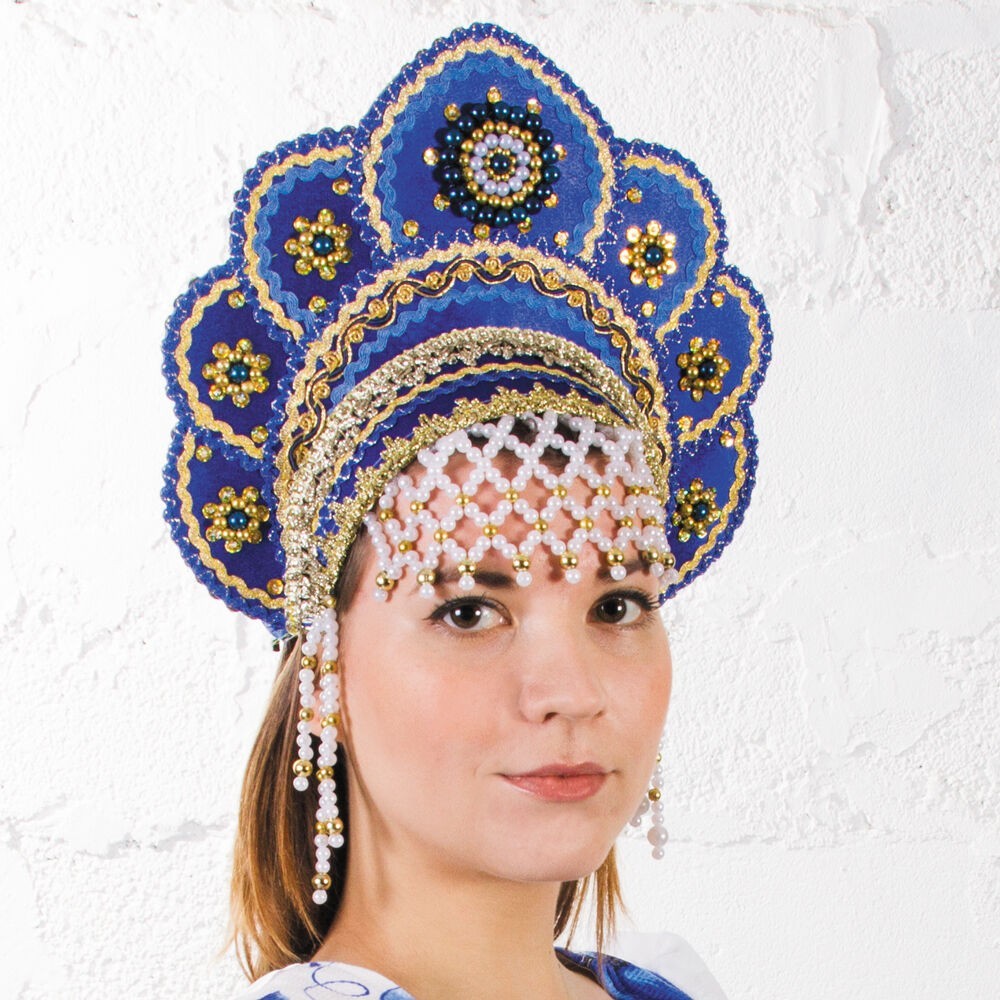 Blue Kokoshnik Traditional Russian Folk Costume Headdress Кокошник Adult / Kids