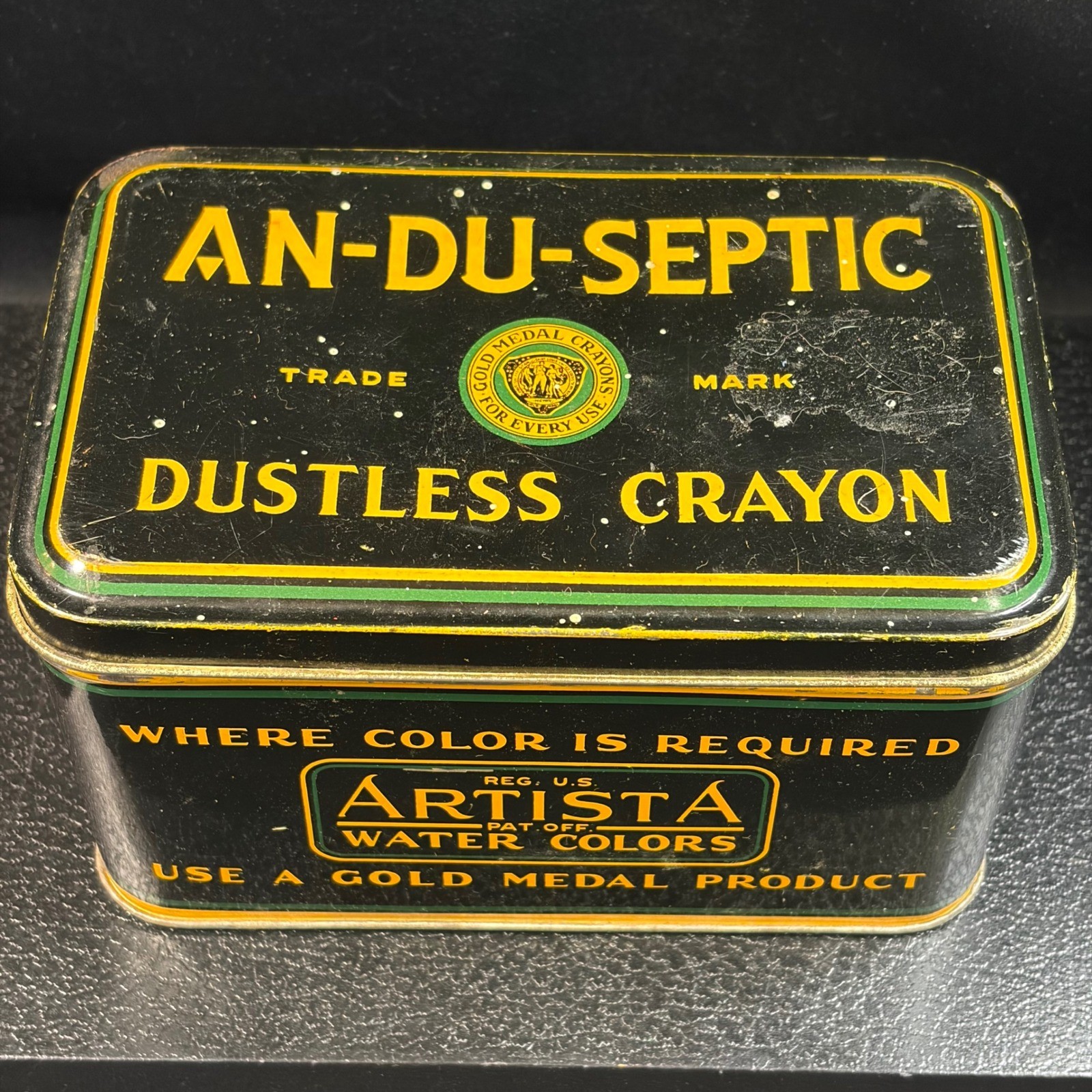 Vintage Binney & Smith An-Du-Septic Dustless Crayon Tin Black Gold Medal USA