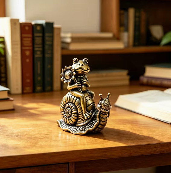 BRASS MINITURES- Distressed Hollow Frog Riding on Snail Brass Sculpture Ornamen