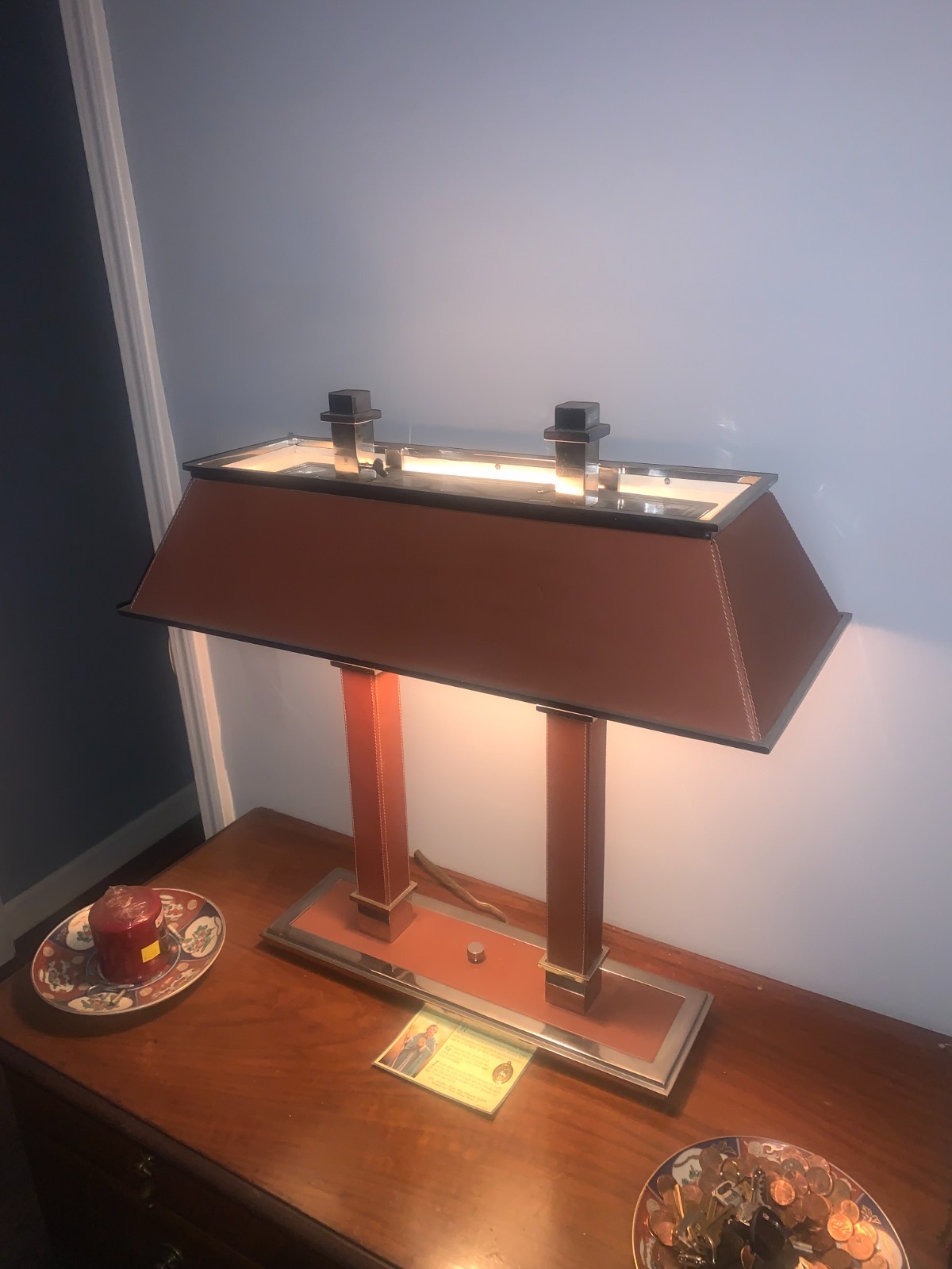 Vintage Ralph Lauren Banker’s Desk Lamp Leather Wrapped Chrome Hollywood Regency