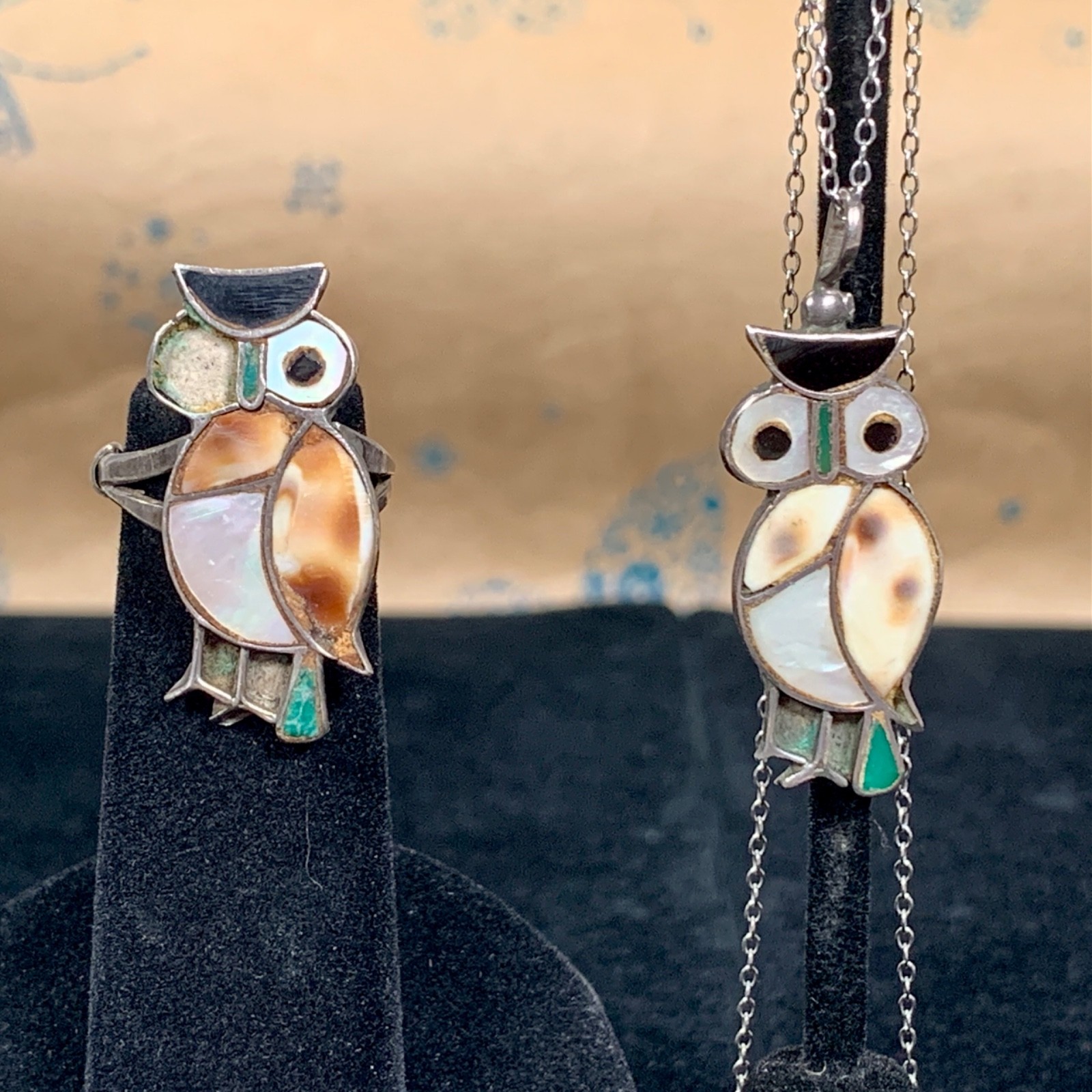 Vtg Zuni Owl Ring & Pendant 925 Sterling Necklace Native American Southwestern