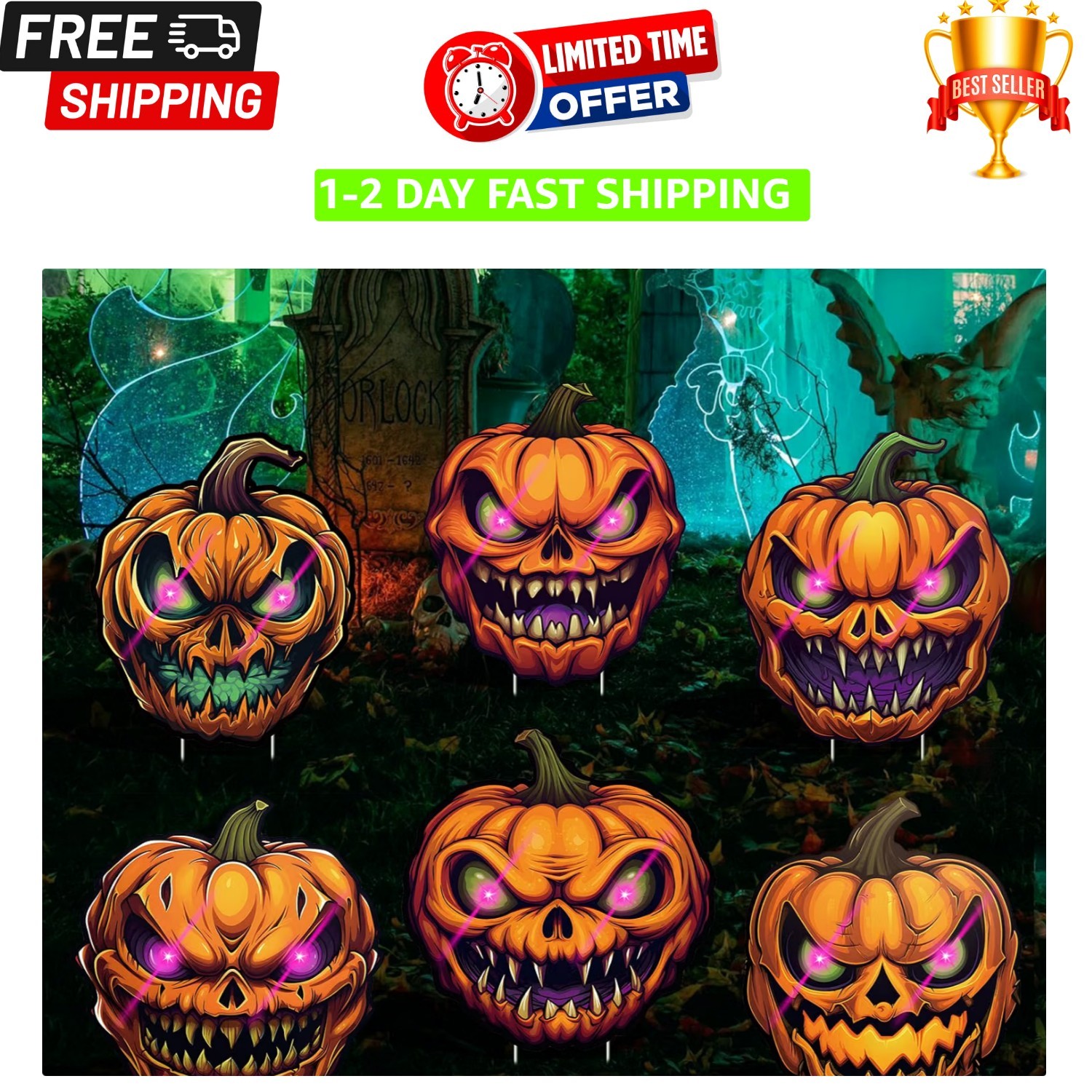 Durable Plastic Pumpkin Decorations Set with LED Eyes for Halloween Yard