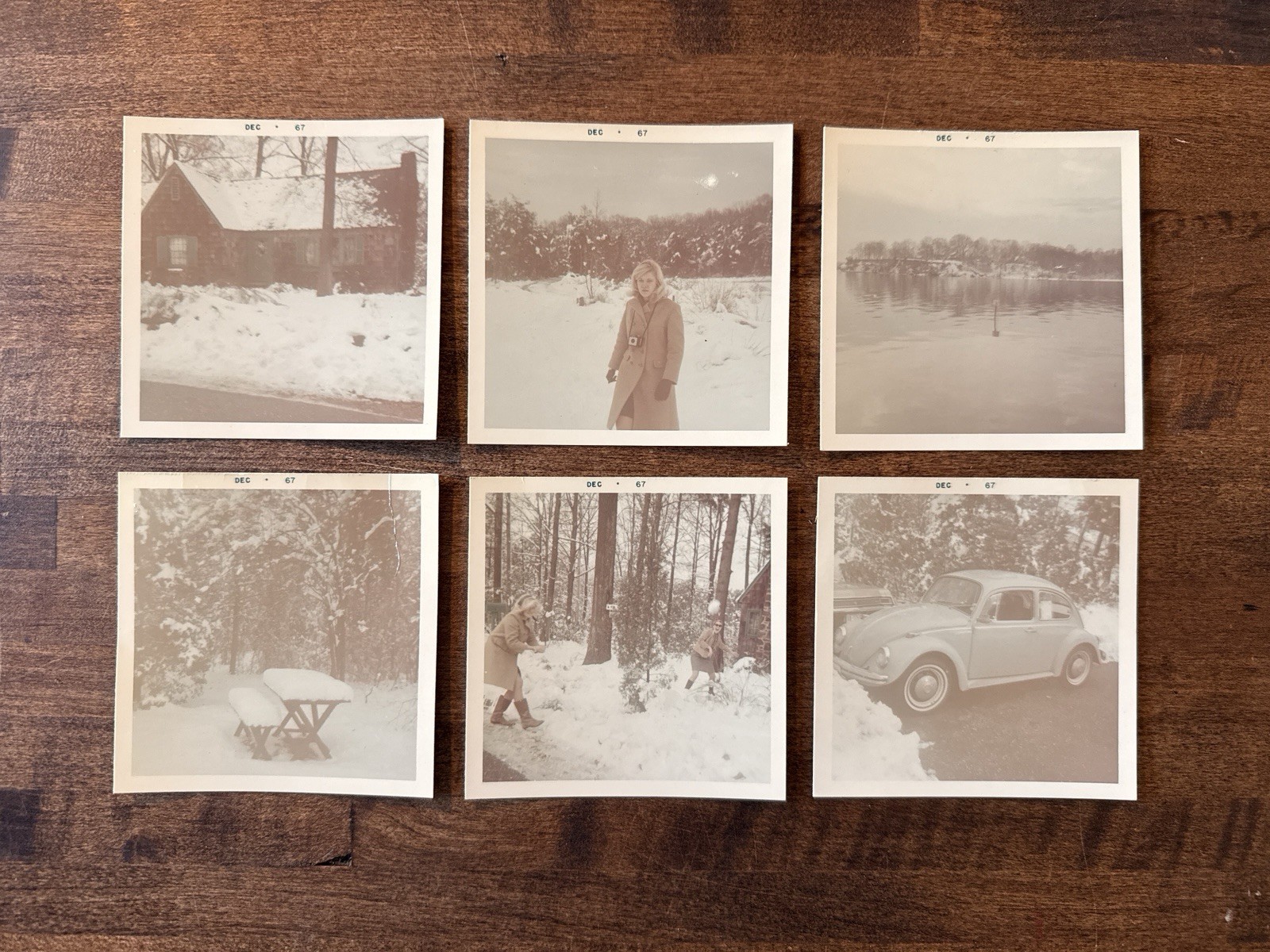 (6) Vintage WINTER SCENES photo lot / Playing in the SNOW - Snowballs VW Bug
