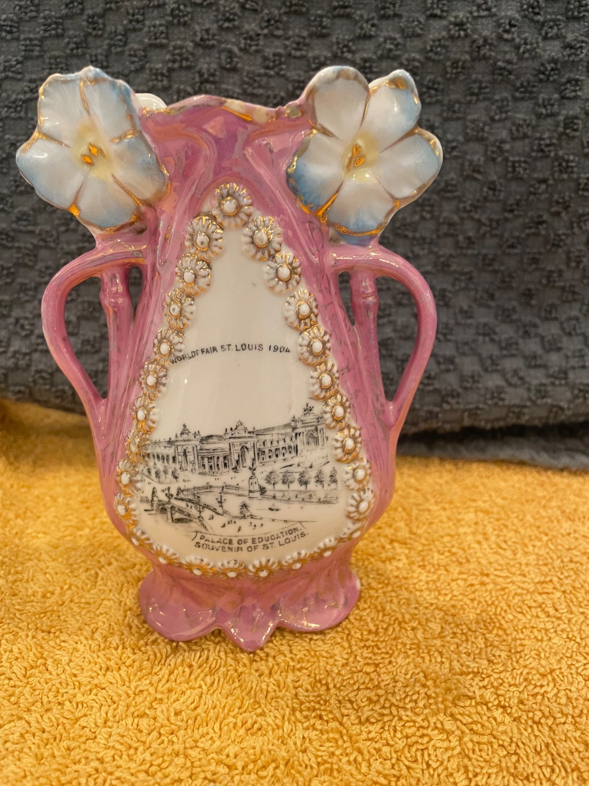 Antique 1904 World’s Fair St. Louis Souvenir Vase - Palace of Education Pink Antique 1904 World’s Fair St. Louis Souvenir Vase - Palace of Education Pink