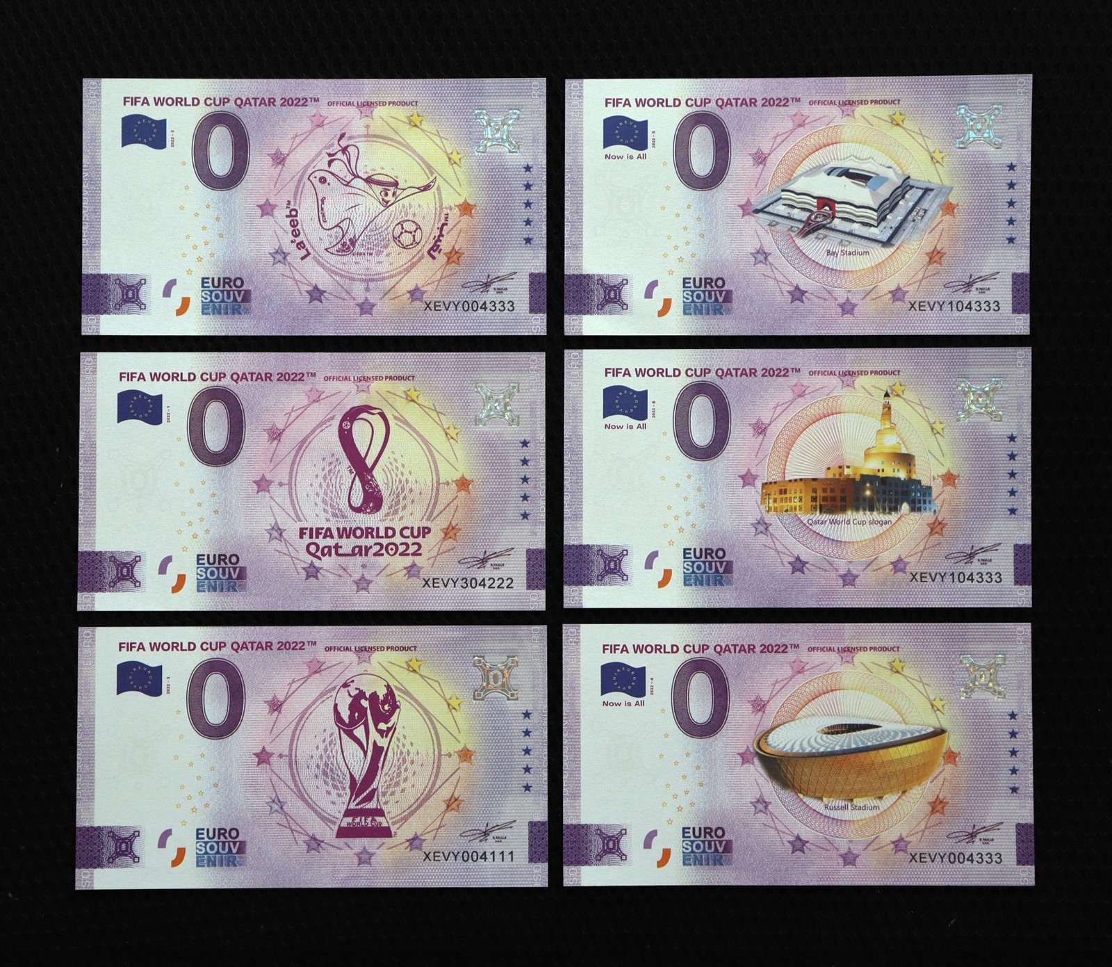 Qatar Football 2022 Fantasy 0 Euro Novelty Note Set 6pcs Mascot & Stadium