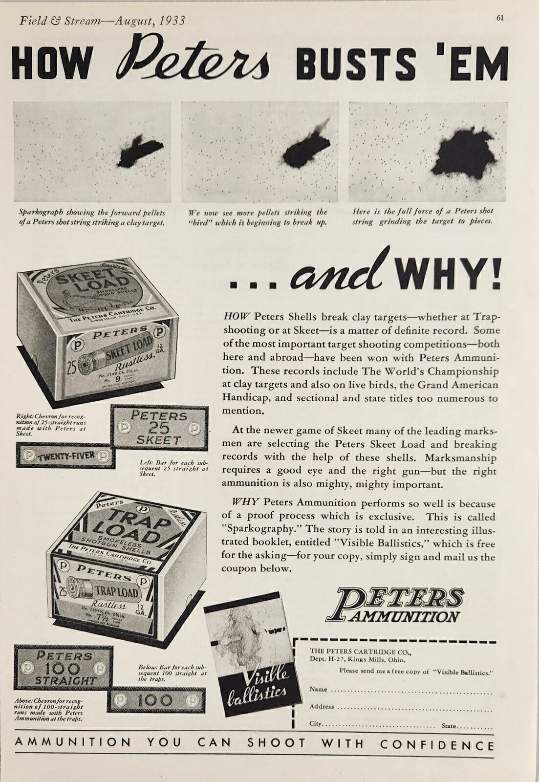 1933 Print Ad Peters Ammunition Shotgun Shells Skeet & Trap Loads Kings Mills,OH
