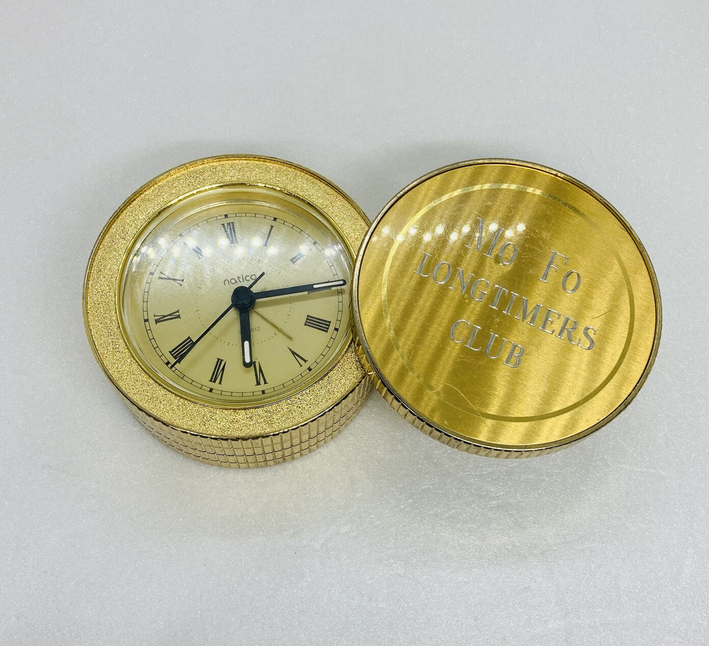 Vintage “Mo Fo Long timers Club” Paperweight Clock Gold Tone Unique Repairs 17