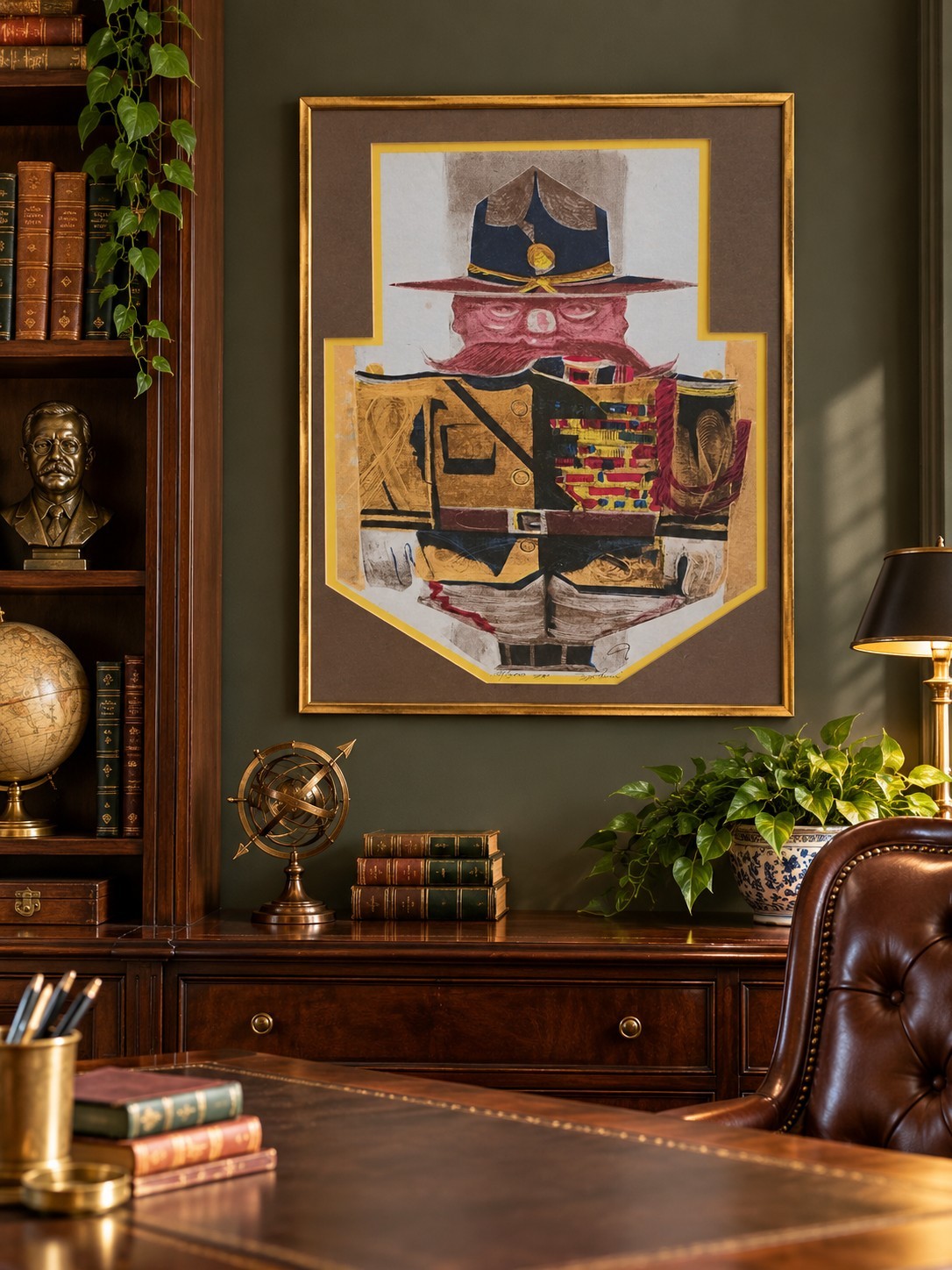 Theodore Teddy Roosevelt Bear Portrait Framed Signed Military Uniform Artwork