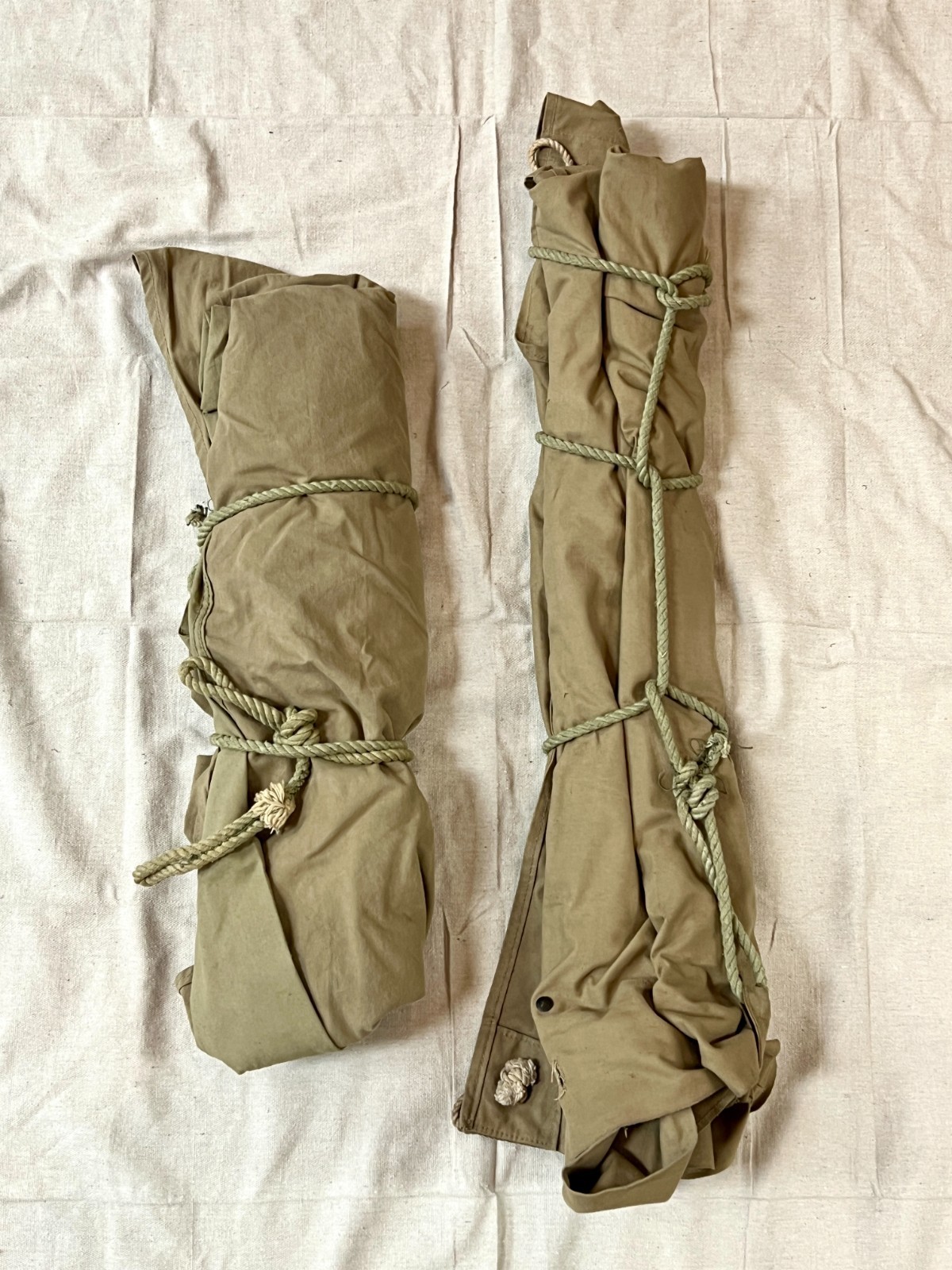 Pair WWII USGI Khaki Shelter Halves Dated 1942 - Matched Pup Tent Set Black But Pair WWII USGI Khaki Shelter Halves Dated 1942 - Matched Pup Tent Set Black But